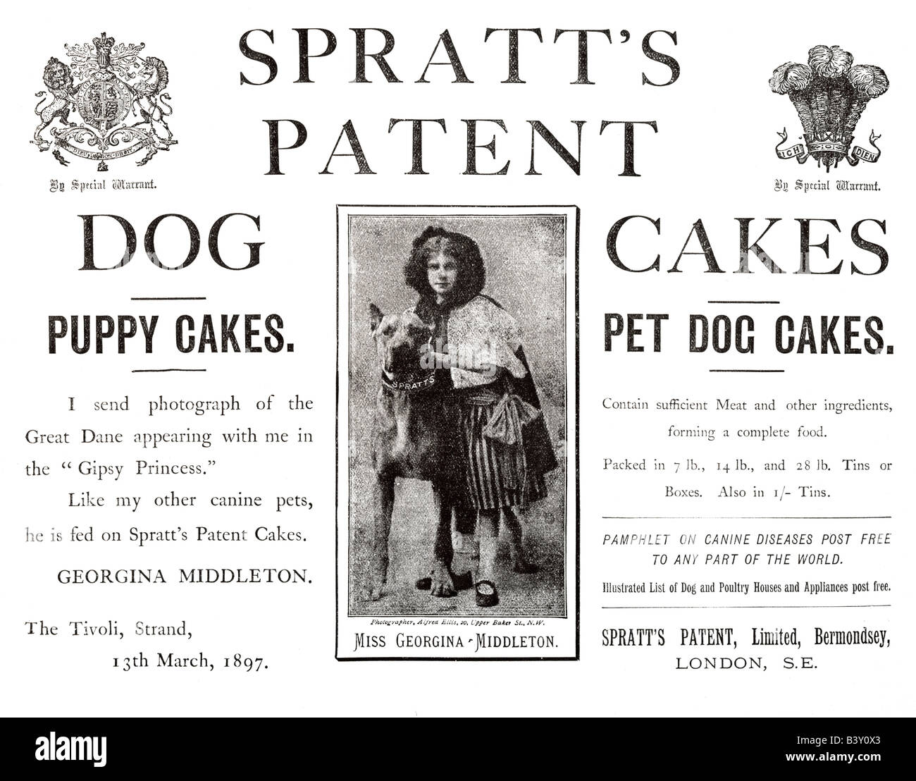 1897 viktorianischen Werbung für Spratt Welpe, Hund und Haustier Kuchen für nur zur redaktionellen Nutzung Stockfoto
