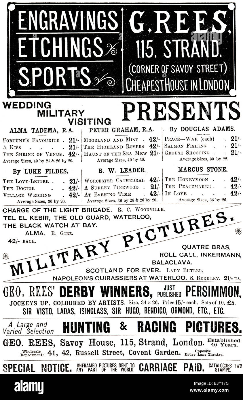 1897 viktorianischen Werbung für Geo Rees der Strang London Radierungen Drucke und Bilder für nur zur redaktionellen Nutzung Stockfoto