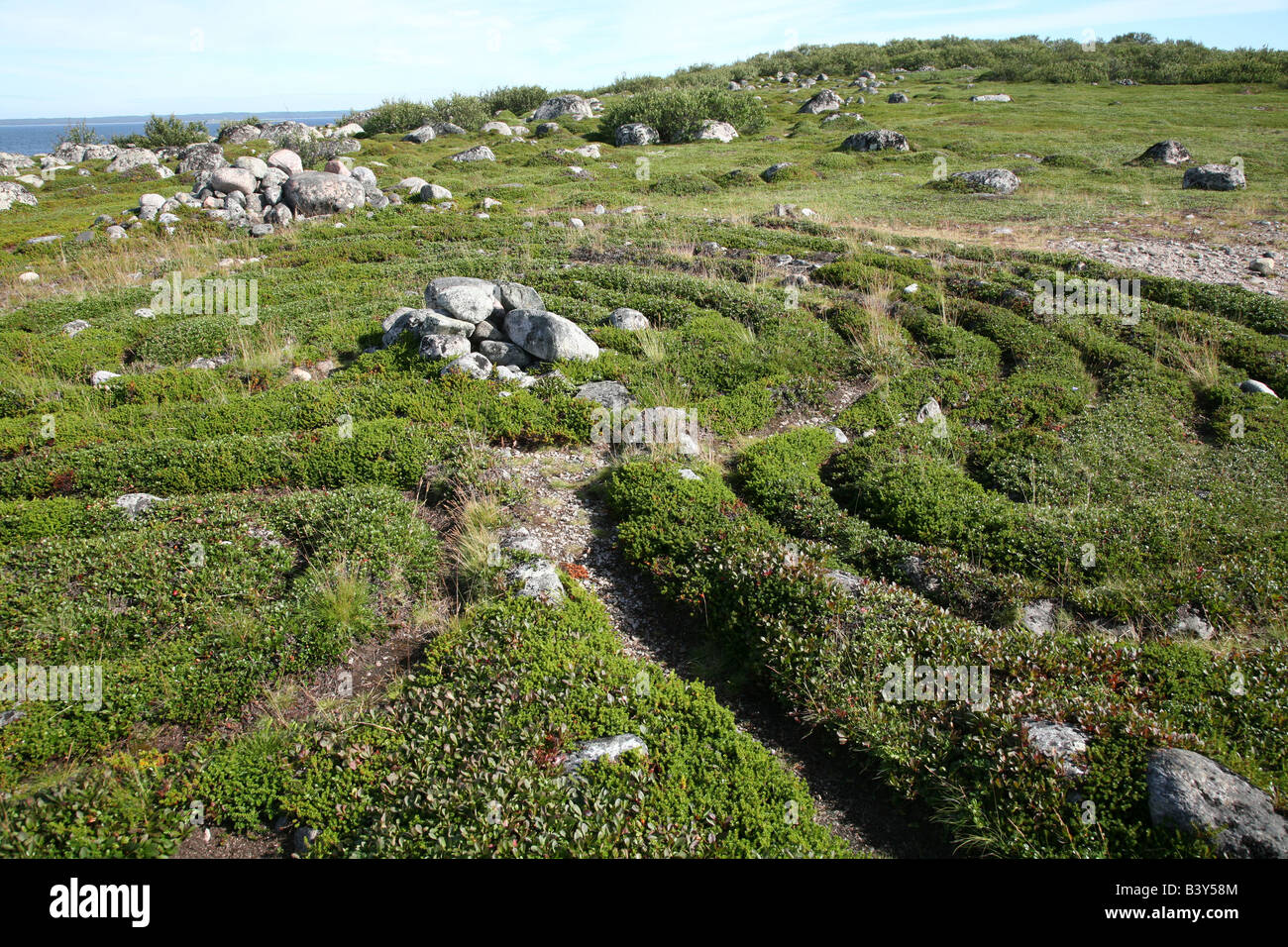 Prähistorische Steinlabyrinth auf den Zayatsky Inseln in der Nähe der Solovetsky Inseln im Weißen Meer, Russland Stockfoto