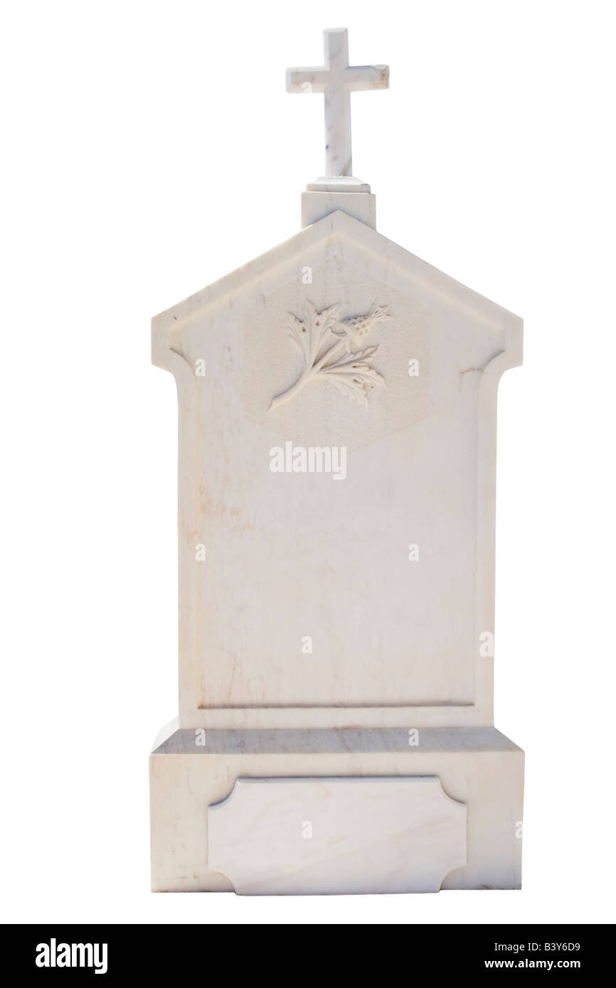 Christliche leere Grabstein isoliert auf weißem Hintergrund Stockfoto