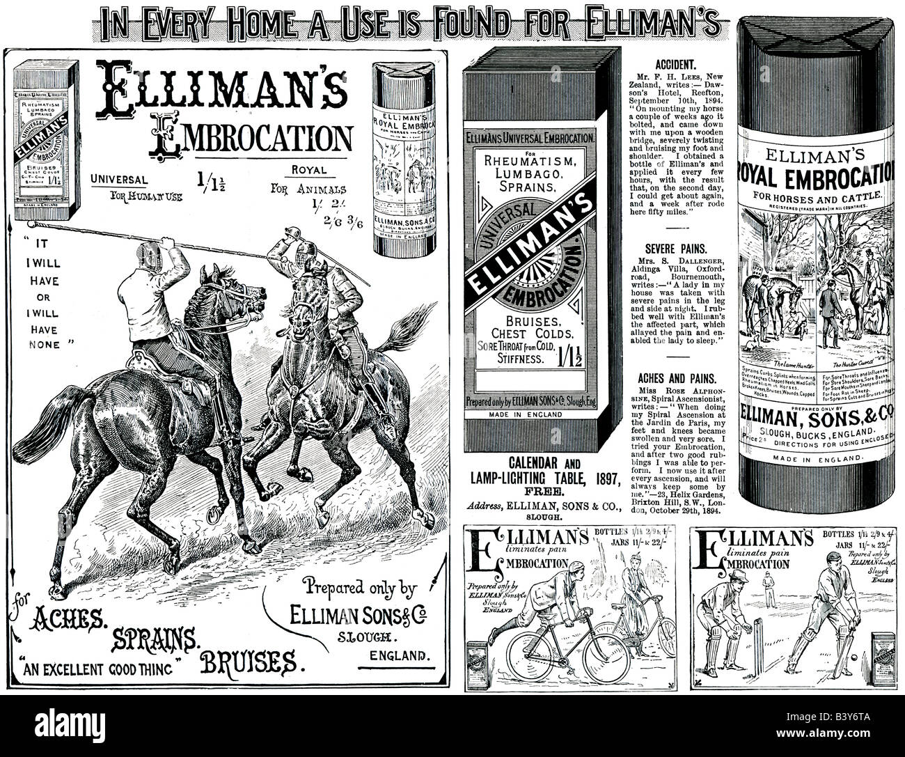 1897 viktorianischen Werbung für Elliman Einreibungen für Schmerzen Verstauchungen Prellungen Hexenschuss etc. für nur zur redaktionellen Nutzung Stockfoto