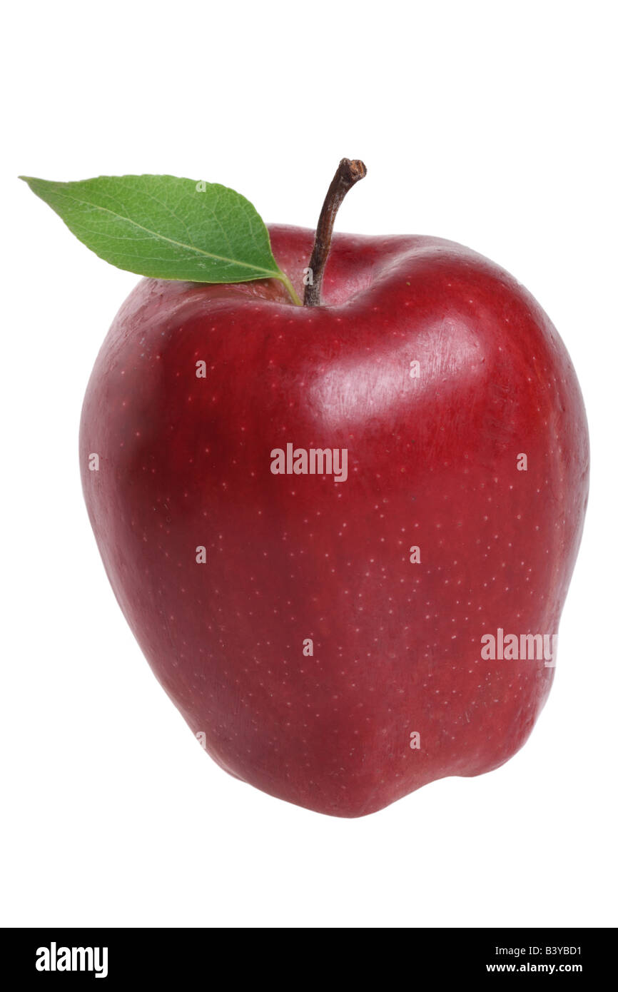 Roter Apfel mit Blatt ausschneiden isoliert auf weißem Hintergrund Stockfoto