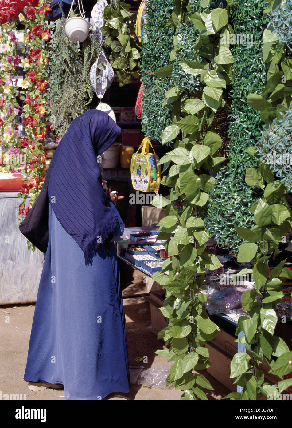 Sudan, Wüste Sahara, Karima. Ein Stall in der wichtige Marktstadt von Karima verkauft Kunststoff grün und Blumen für Hauptdekoration Verkauf an eine nubische Frau Stockfoto