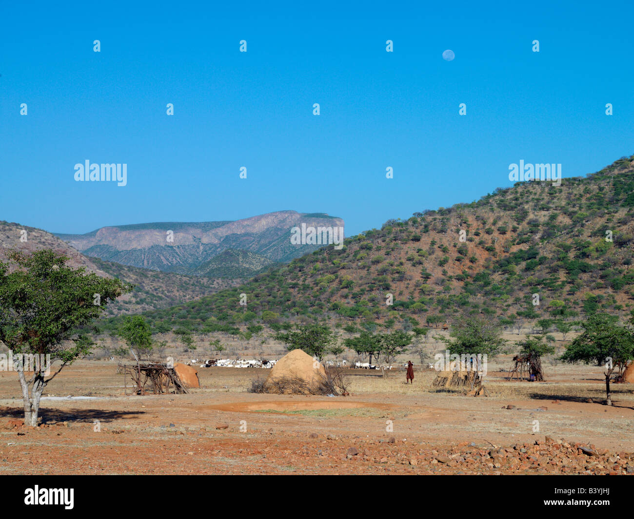 Namibia, Kaokoland. Ein typisches Himba-Gehöft. Die Häuser sind mit einer Mischung aus Erde und Kuhmist verputzt. Die Himba sind Bantu Herero sprechende Nomaden, die in der rauen, trockenen aber krass schöne Landschaft entlegenen Nordwesten Namibias Leben. Stockfoto