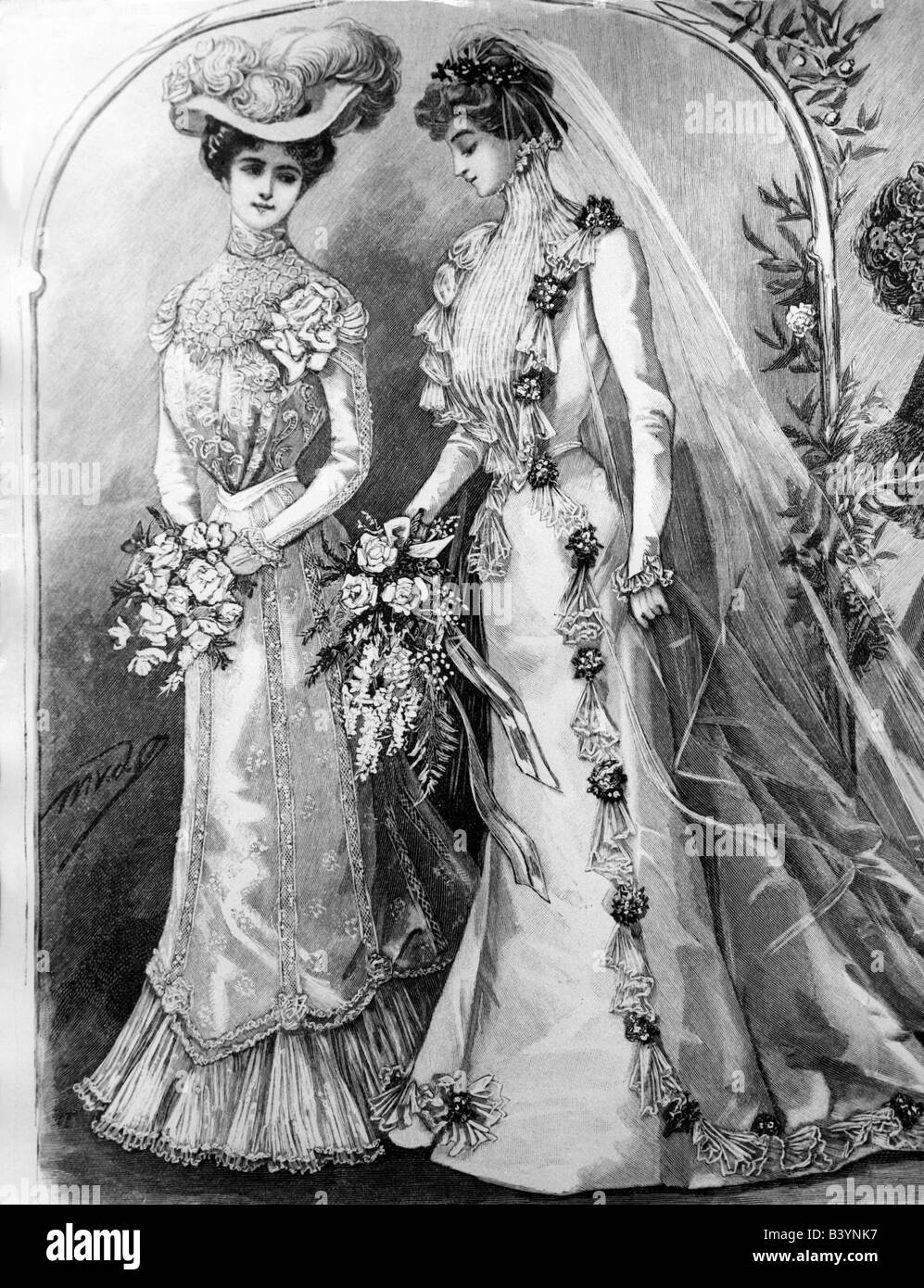 Mode, 19. Jahrhundert, Damenmode, Deutschland, Kleider für Brautjungfer,  Holzgravur, ca. um das Jahr 1895 Stockfotografie - Alamy