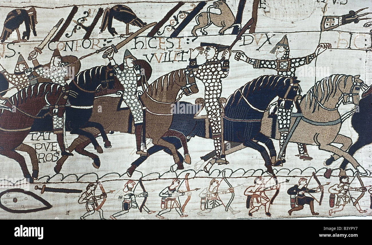 William I. 'der Verquerer', ca. 1027 - 9.9.1087, König von England 1066 - 1087, Schlacht von Hastings, 14.10.1066, Szene, hebt seinen Helm, um zu zeigen, dass er noch lebt, Bayeux Tapestry, 11. Jahrhundert, Stockfoto