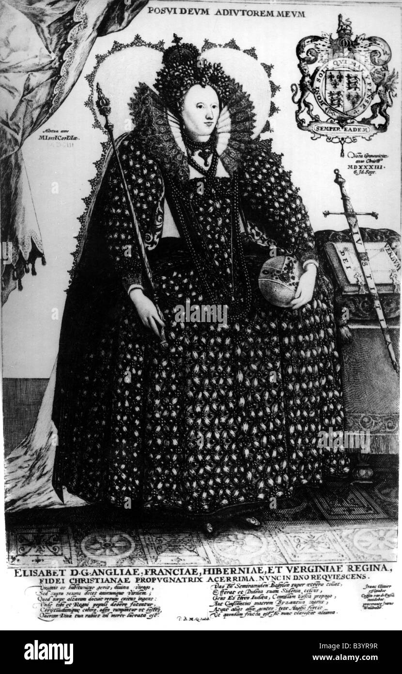Elizabeth I, 7.9.1533 - 24.3.1603, Königin von England seit dem 17.11.1558, volle Länge, nach dem Lackieren von Isaac Olivier, um 1600, Artist's Urheberrecht nicht gelöscht werden Stockfoto