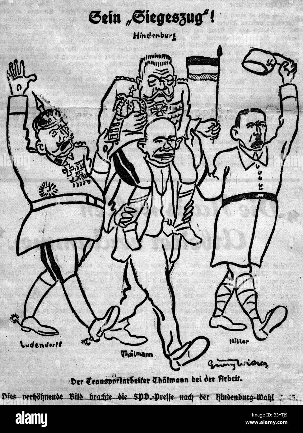 Geographie/Reisebericht, Deutschland, Politik, sozialdemokratische Karikatur zur Wahl Paul von Hindenburgs zum Reichspräsidenten, Zeichnung, 1925, Stockfoto