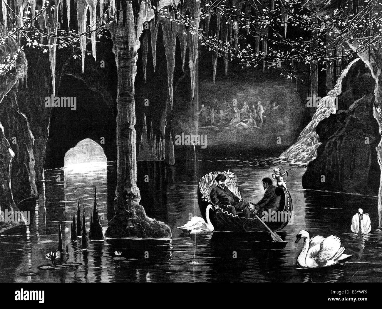 Louis II., 25.8.295 - 13.6.1886, König von Bayern 10.3.1864 - 13.6.1886, Bußfahrt in der Blauen Grotte, Schloss Linderhof, Holzgravur nach Zeichnung von Robert Assunis, 19. Jahrhundert, Stockfoto