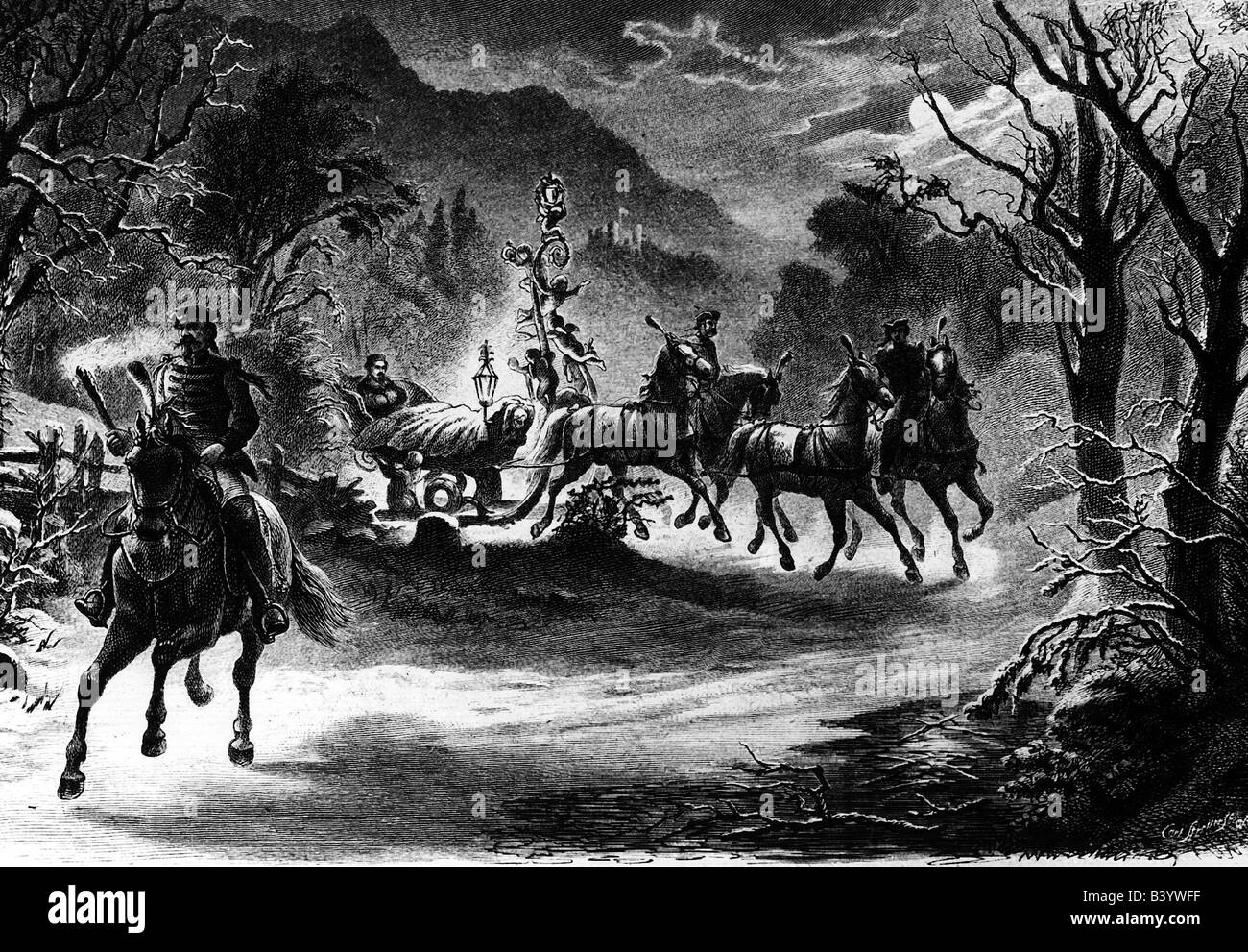 Louis II., 25.8.1845 - 13.6.1886, König von Bayern 10.3.1864 - 13.6.1886, nächtliche Tour durch die Berge bei Hohenschwangau, Holzgravur nach Zeichnung von Gustav Sundblad, 19. Jahrhundert, Stockfoto