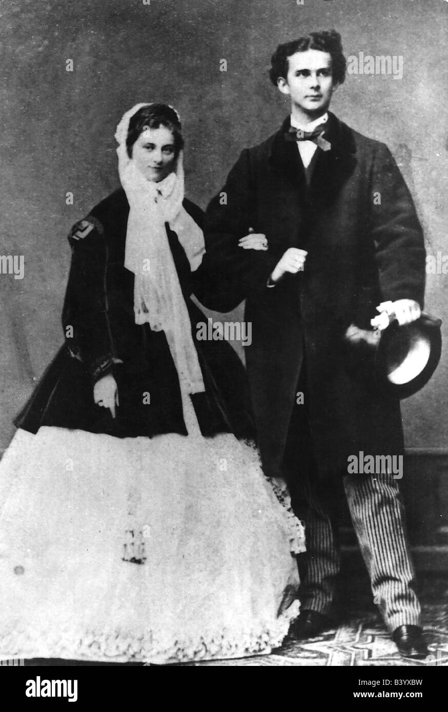 Louis II., 25.8.1845 - 13.6.1886, König von Bayern 10.3.1864 - 13.6.1886, mit der Verlobten Prinzessin Sophie in Bayern, Foto von Joseph Albert, München, von 1867, Stockfoto