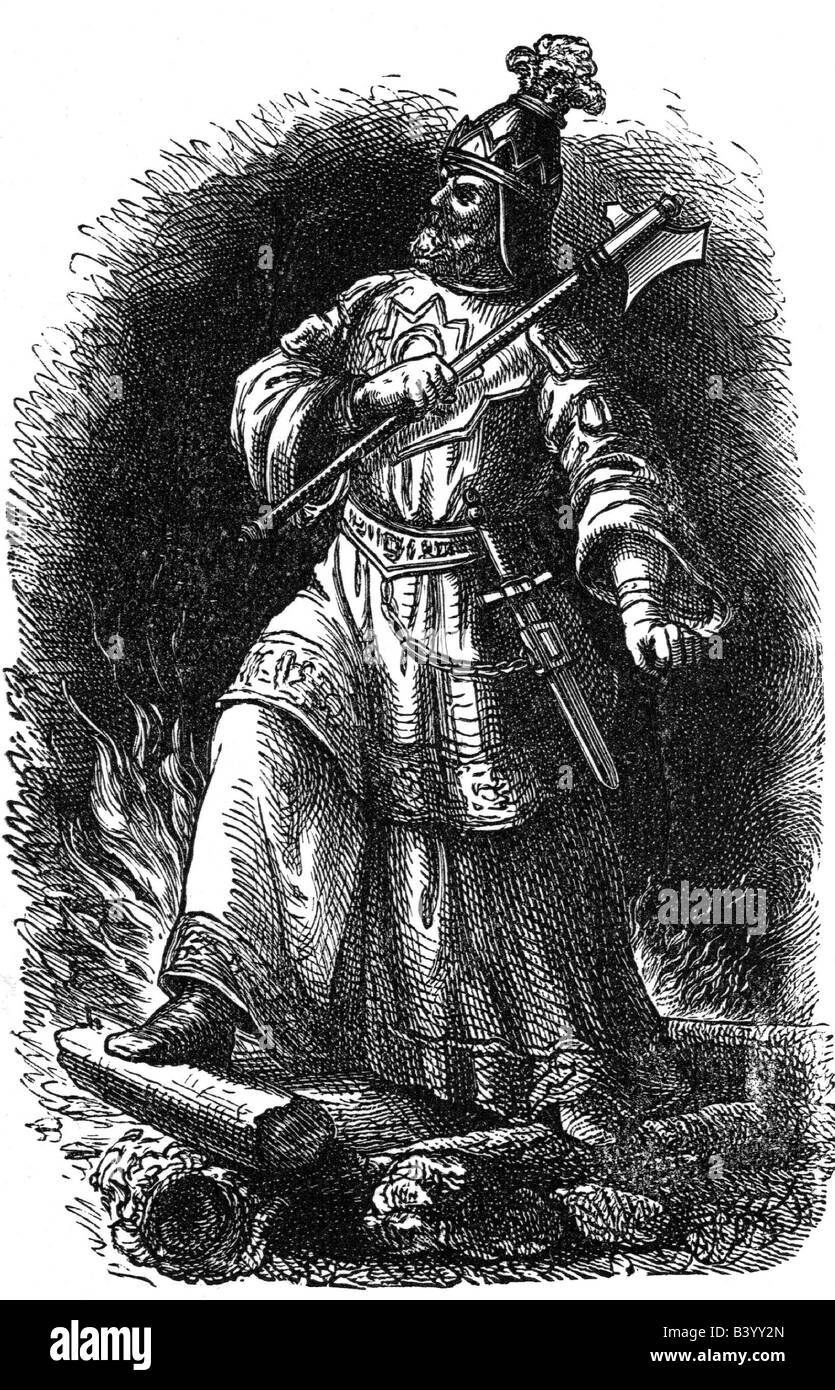 Attila, der Hun, 433 - 453, volle Länge, mit Halberd, Gravur, 19. Jahrhundert, Etzel, Axt, Waffe, Arm, Stockfoto