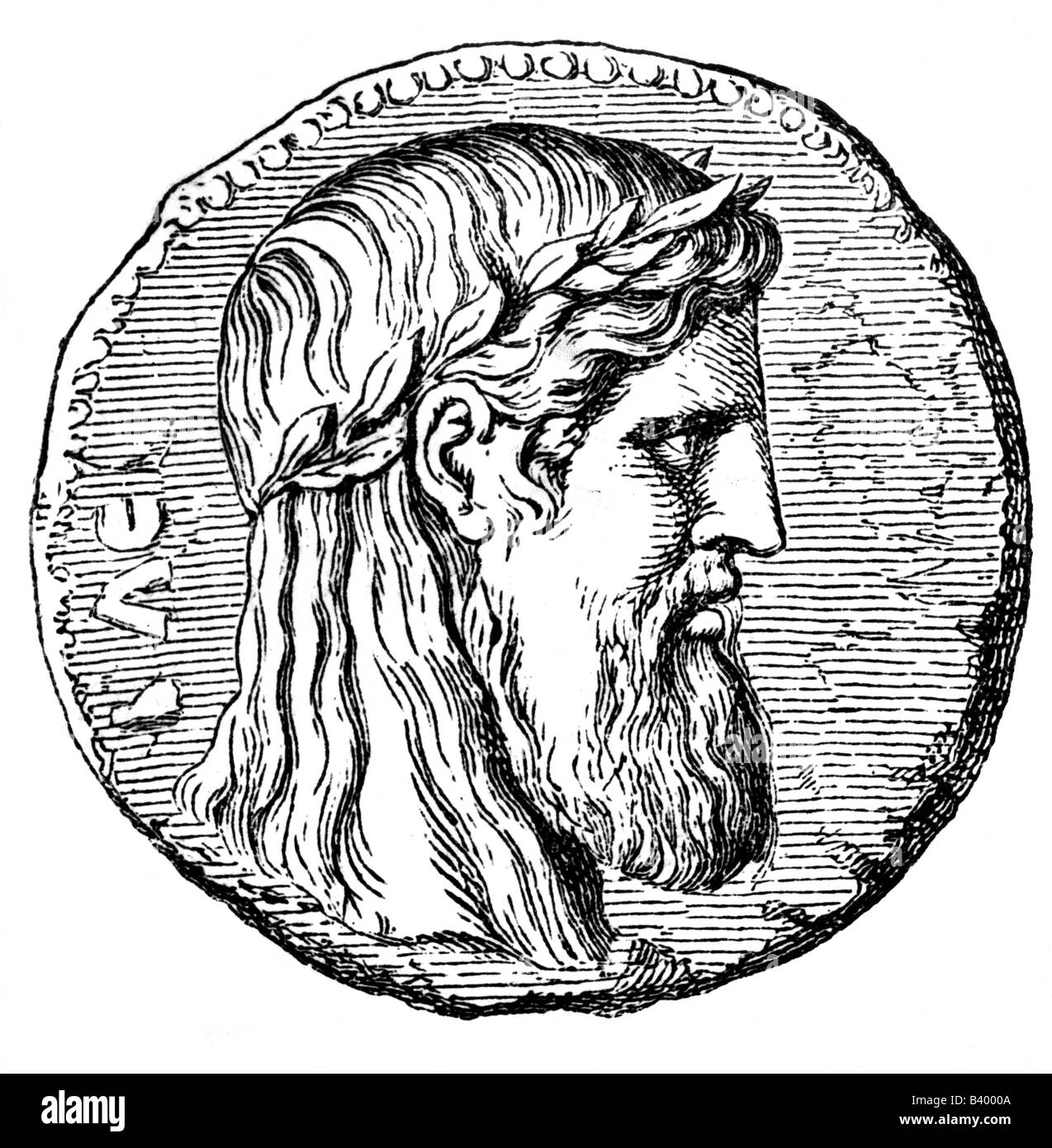 Zeus (lateinischer Jupiter), der griechische "König der fünf", Anführer der Götter, gott des Himmels und Donner, Porträt, Münze, Elis, Stockfoto