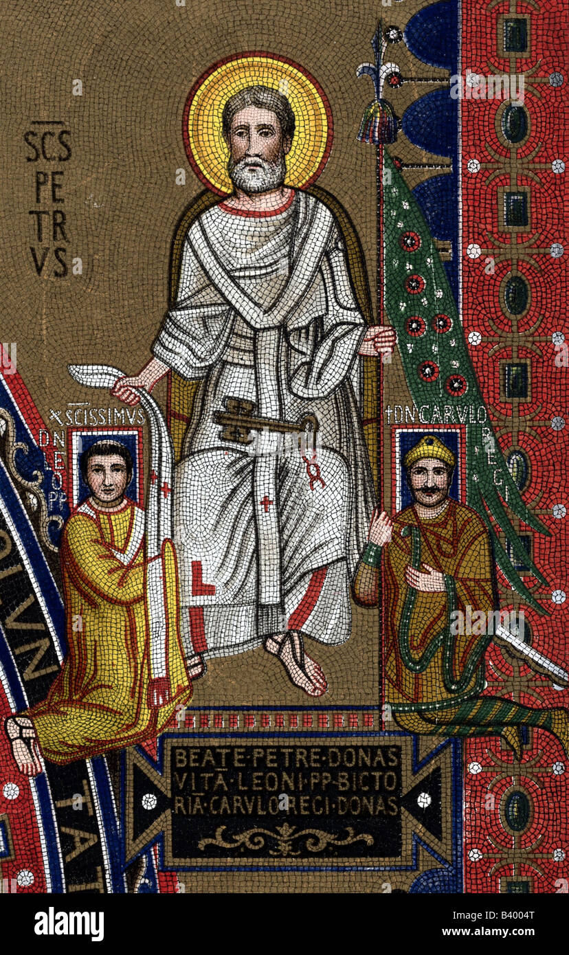 Petrus (Simon bar Jona), + ca. 64 n. Chr., Apostel, überreicht Karl dem 1. Und Papst Leo III. Die Zeichen der Kleriker und der Sektenherrschaft, Mosaik, Lateranpalast, Rom, Italien, Stockfoto