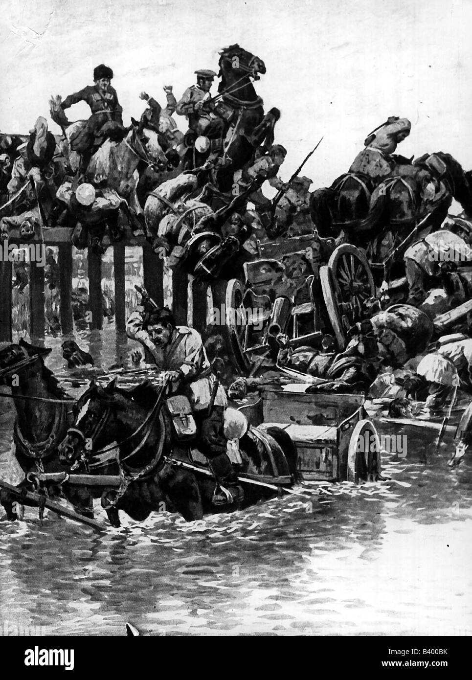 Ereignisse, Erster Weltkrieg/erster Weltkrieg, Ostfront, Schlacht bei Tannenberg, 26.-30.8.1914, Flucht vor russischen Truppen, die eine Brücke überqueren, ziehen, Deutschland, 1915, Niederlage, russische 2. Armee (Samsonow), Deutsche 8. Armee (Hindenburg), Ostpreussen, Polen, Masuren, Russen, Artillerie, Rückzug, Propaganda, historisch, historisch, 20. Jahrhundert, Menschen, 1910er, Stockfoto