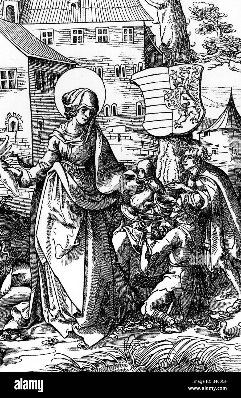 Elisabeth von Ungarn, 1207 - 17.11.1231, Heilige, Gräfin von Andechs-Merania, volle Länge, Pflege von Armen und Kranken, Holzschnitt von Hans Burgkmeier (1473 - 1531), Stockfoto