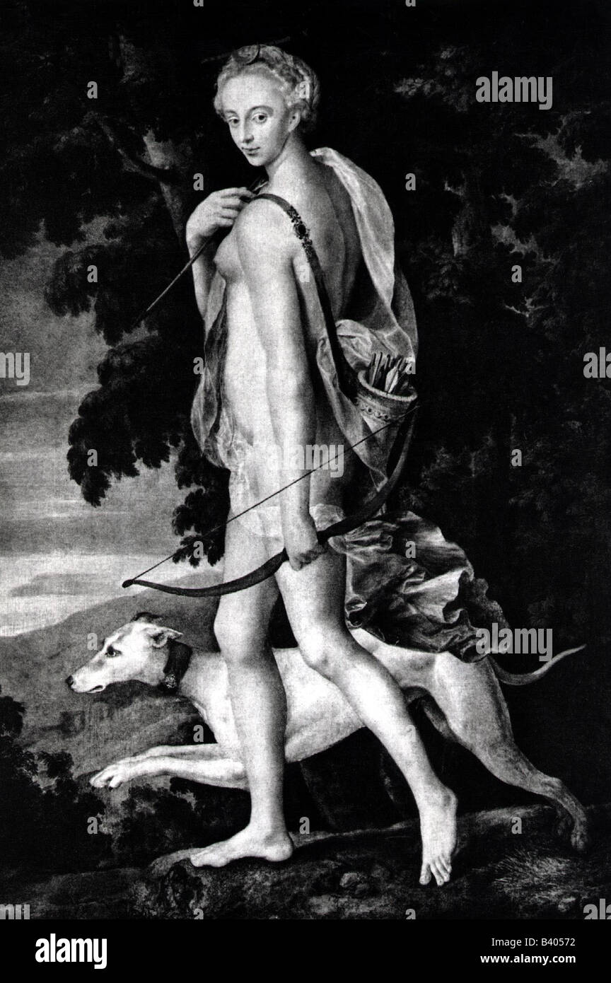 Diana, römische Jagdgottheit, Fontainebleau-Schule, 'Diana die Huntress', volle Länge, Stockfoto