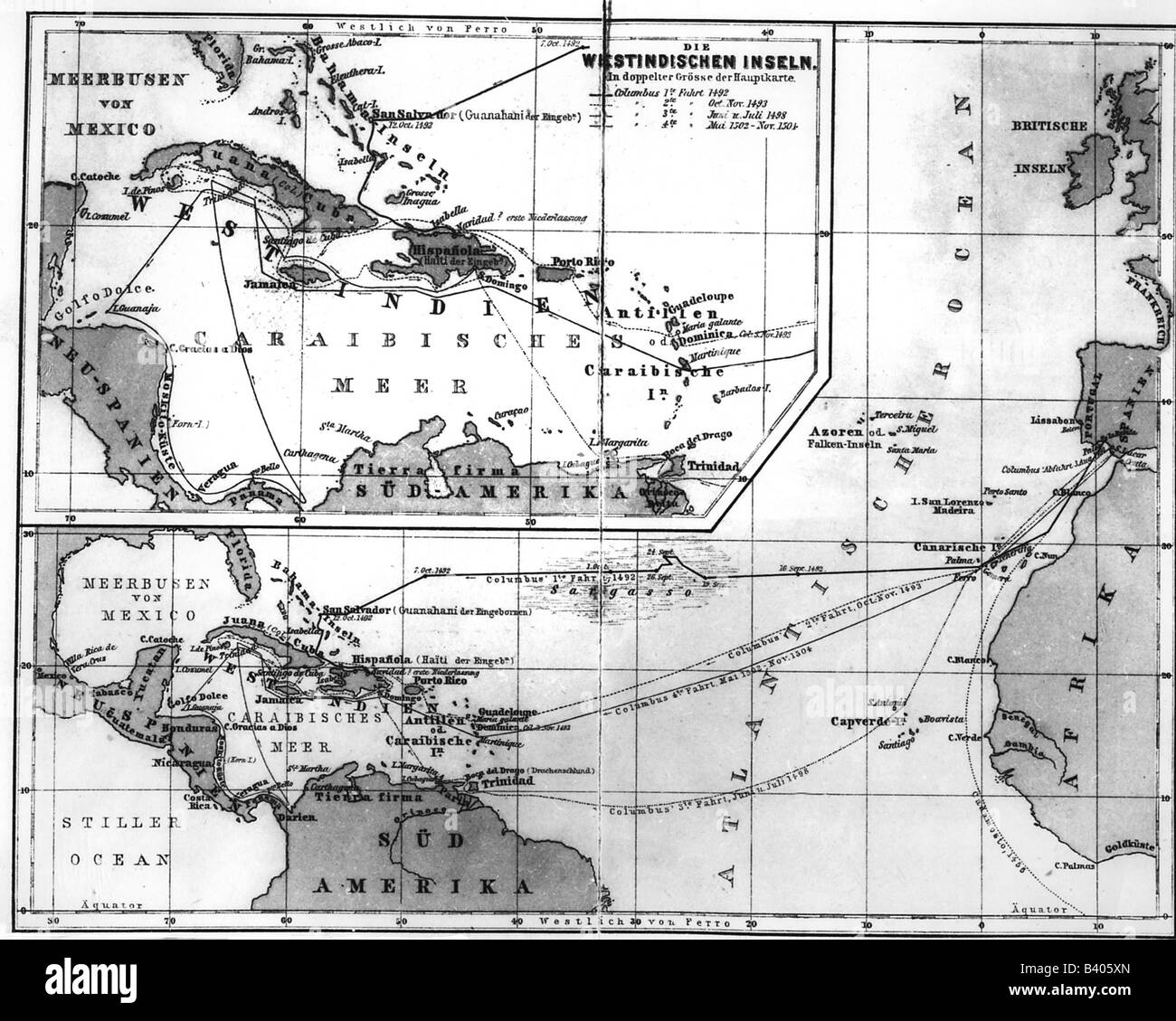 Kolumbus, Christopher, 1451 - 20.5.1506, italienischer Entdecker, seine Reisen, Karte, 1882, Stockfoto