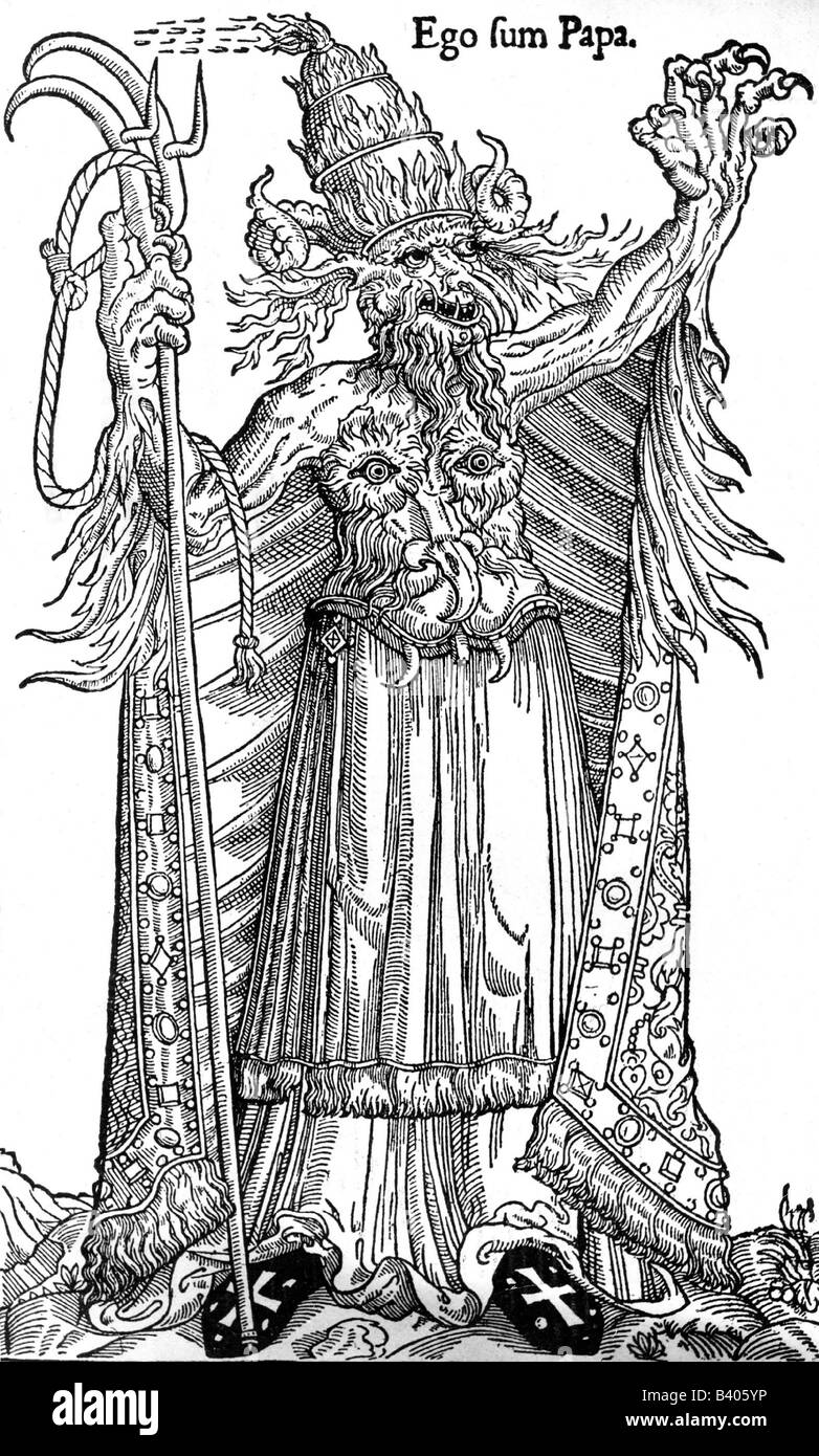 Alexander VI. (Rodrigo de Borja) 1.1.1431 - 18.8.1503, Papst 11.8.1492 - 1503, volle Länge, Karikatur, Teufel sagt "Ich bin papst", zeitgenössischer französischer Holzschnitt, Stockfoto