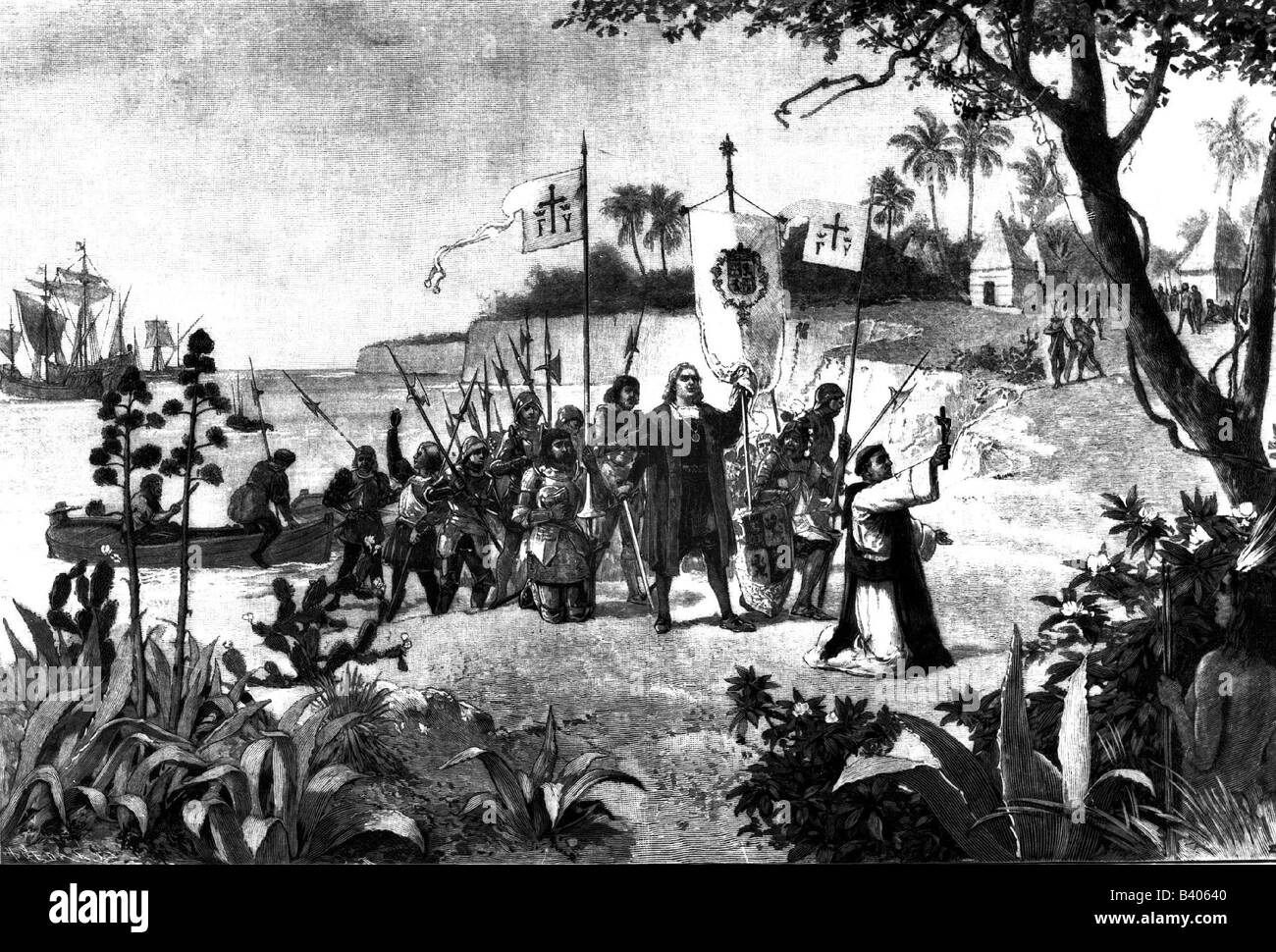 Kolumbus, Christopher, 1451 - 20.5.1506, italienischer Seefahrer und Entdecker, 1st voyage 1492 - 1493, Ausschiffung in Guanahani, 12.10.1492, Holzgravur nach Zeichnung von Rudolf Cronau, 19. Jahrhundert, Stockfoto