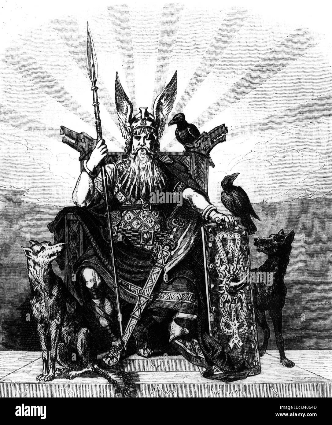 Odin (Wotan), höchster gott in der nordischen Mythologie, gott der Weisheit und des Krieges, auf dem Thron sitzend, Gravur, 1880, Stockfoto