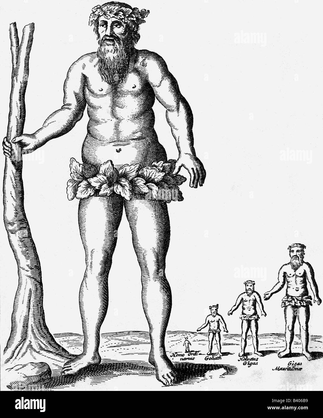 Aberglaube, Riesen, Längenvergleich, Kupferstich, 'Mundus subterraneus' von Athanasius Kircher, Amsterdam, 1678, Stockfoto