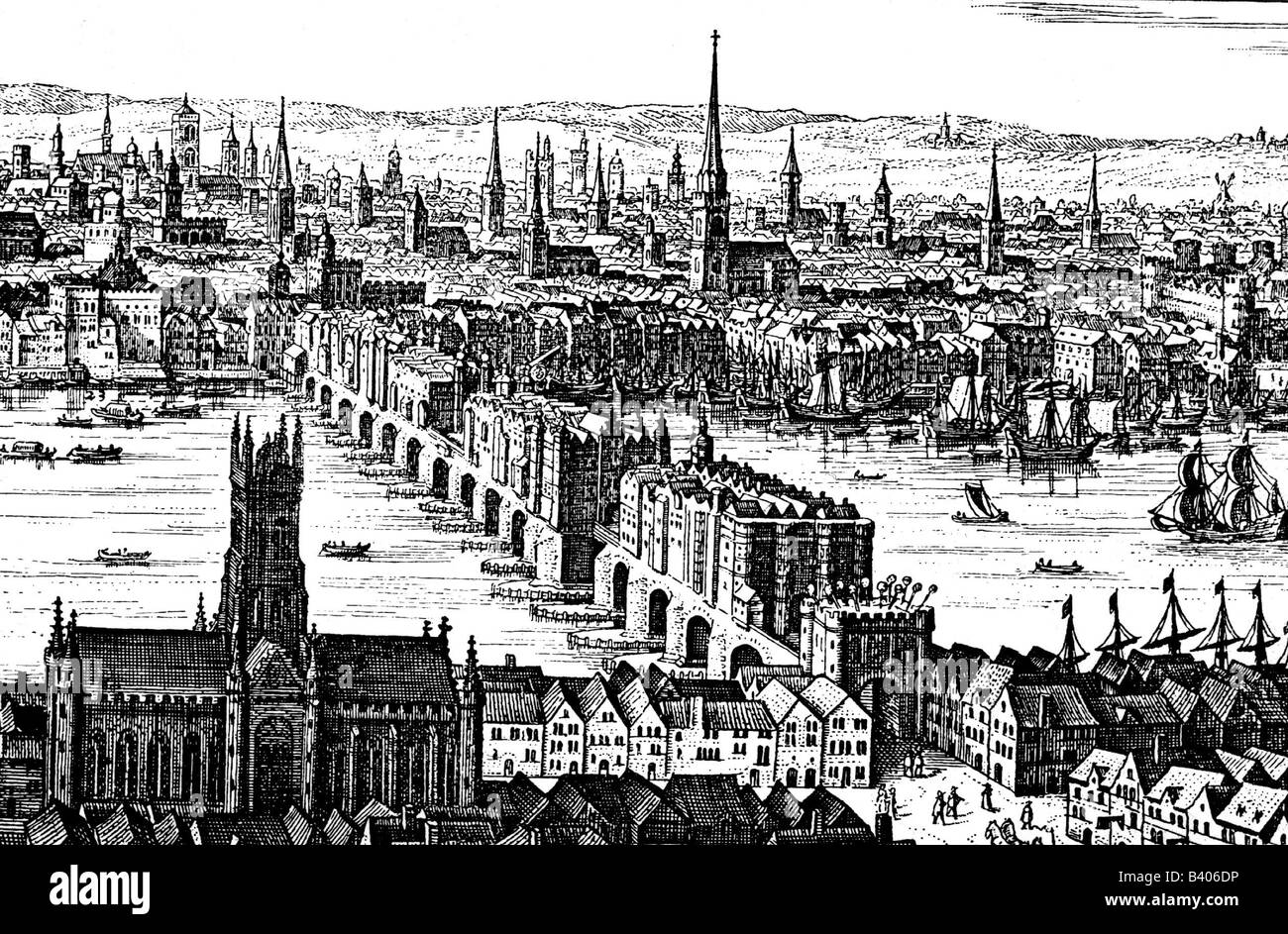 Geographie/Reise, Großbritannien, London, Brücken, London Bridge, Holzschnitt, Anfang des 17. Jahrhunderts, historisch, Kirche St. Mary Oueris, St. Dunstan in der Besetzung, Stadtbild, Blick, Themse, England, Stockfoto