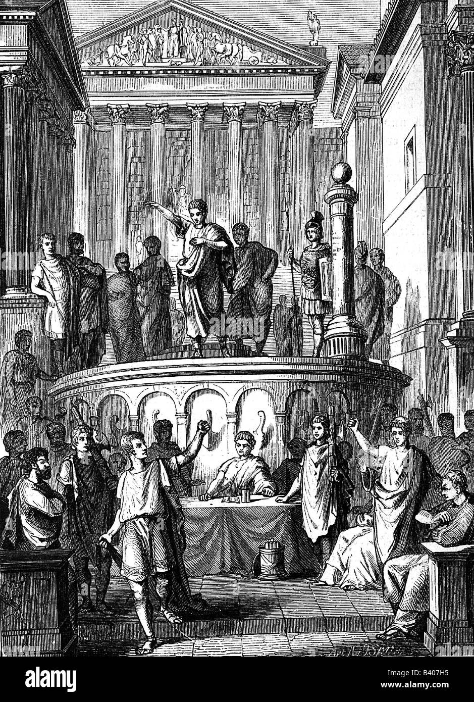 Cicero, Marcus Tullius, 3.1.106 - 7.12.43 v. Chr., römischer Politiker, Autor, voller Länge, stehend auf der Plattform des Sprechers, Gravur, 19. Jahrhundert, Stockfoto