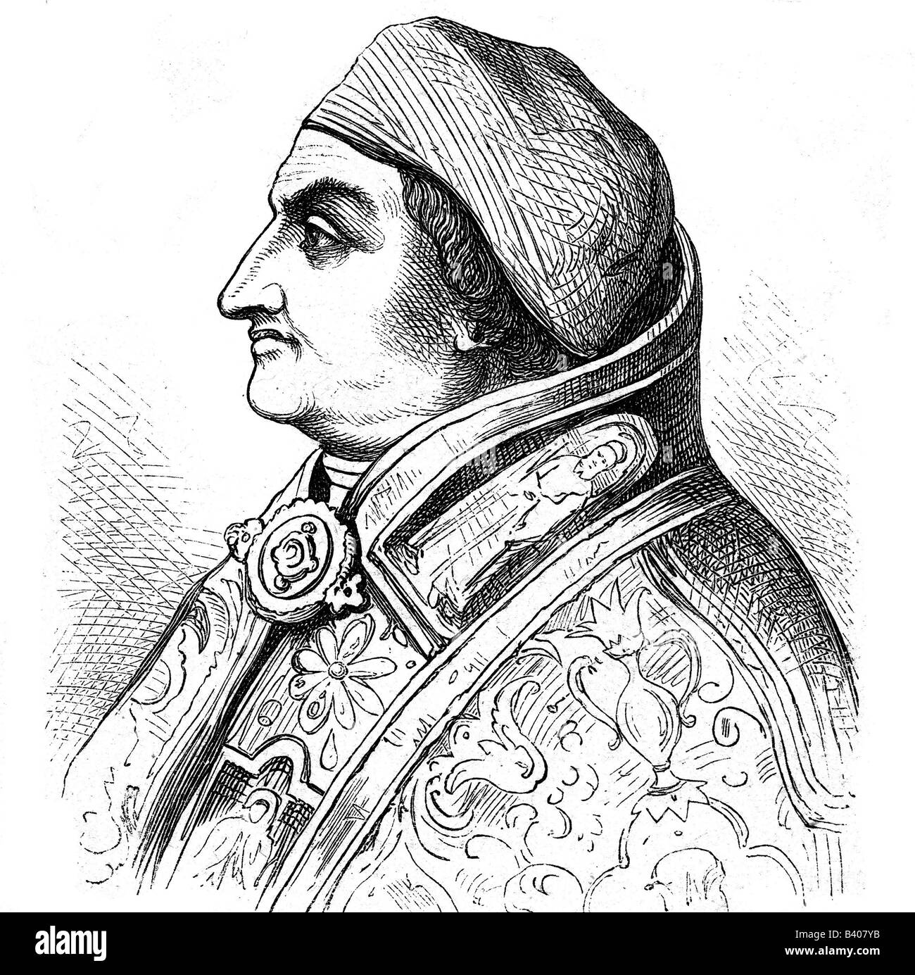 Piusi II (Enea Silvio Piccolomini), 18.10.1405 - 14.8.1464, Papst 18.8.1458 - 14.8.1464, Porträt, Holzgravur, 19. Jahrhundert, Stockfoto