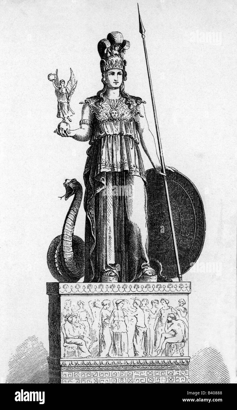 Athena, Pallas Athena, griechische Kriegsgöttin, Tochter des Zeus, Patronin von Athen, volle Länge, Holzgravur nach der alten Statue von Phidias, Stockfoto