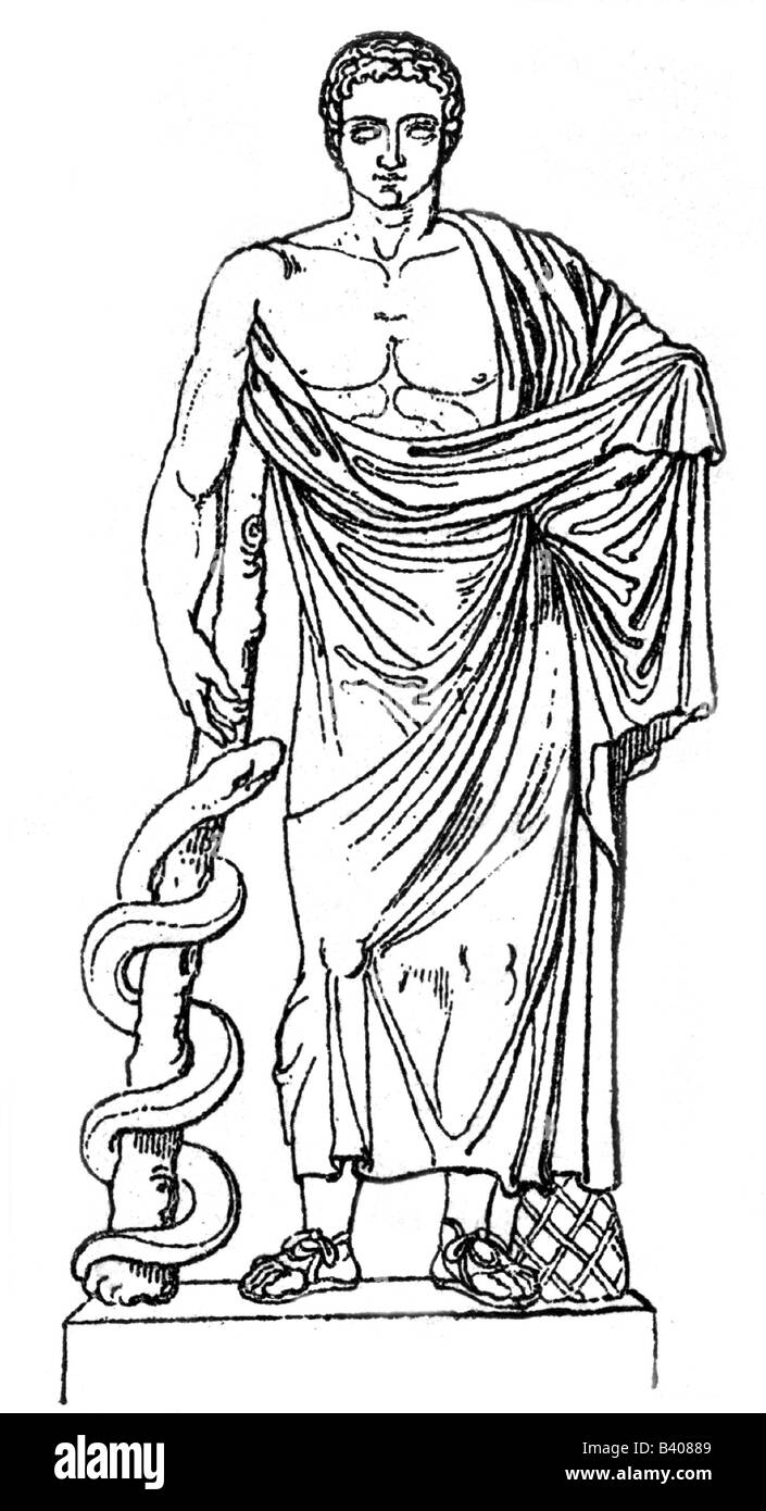 Asclepius, der griechische gott der Medizin, voller Länge, Zeichnung nach der alten Statue, 19. Jahrhundert, Stockfoto