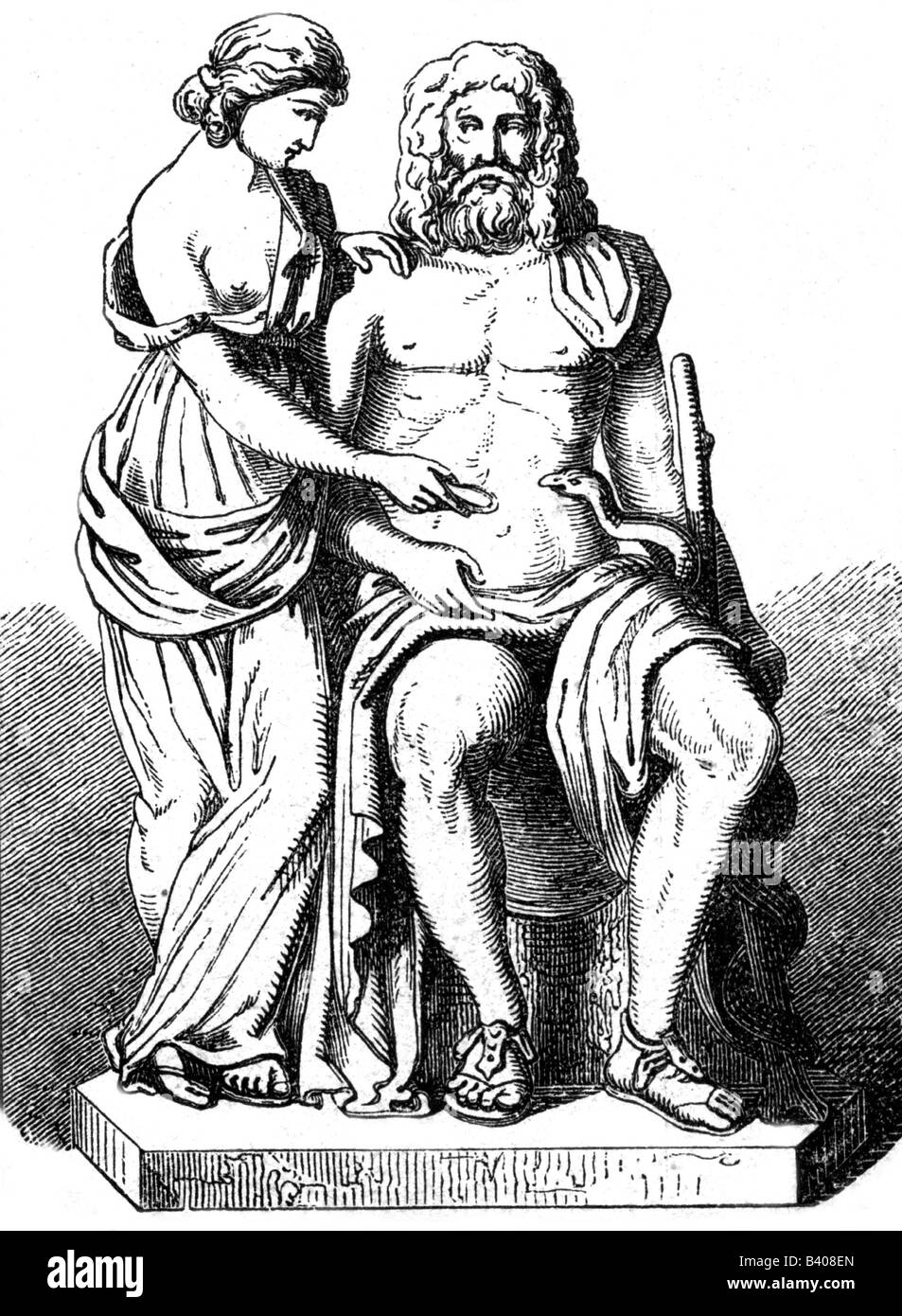 Asclepius, der griechische gott der Medizin, in voller Länge, mit seiner Tochter Hygieia, Stockfoto
