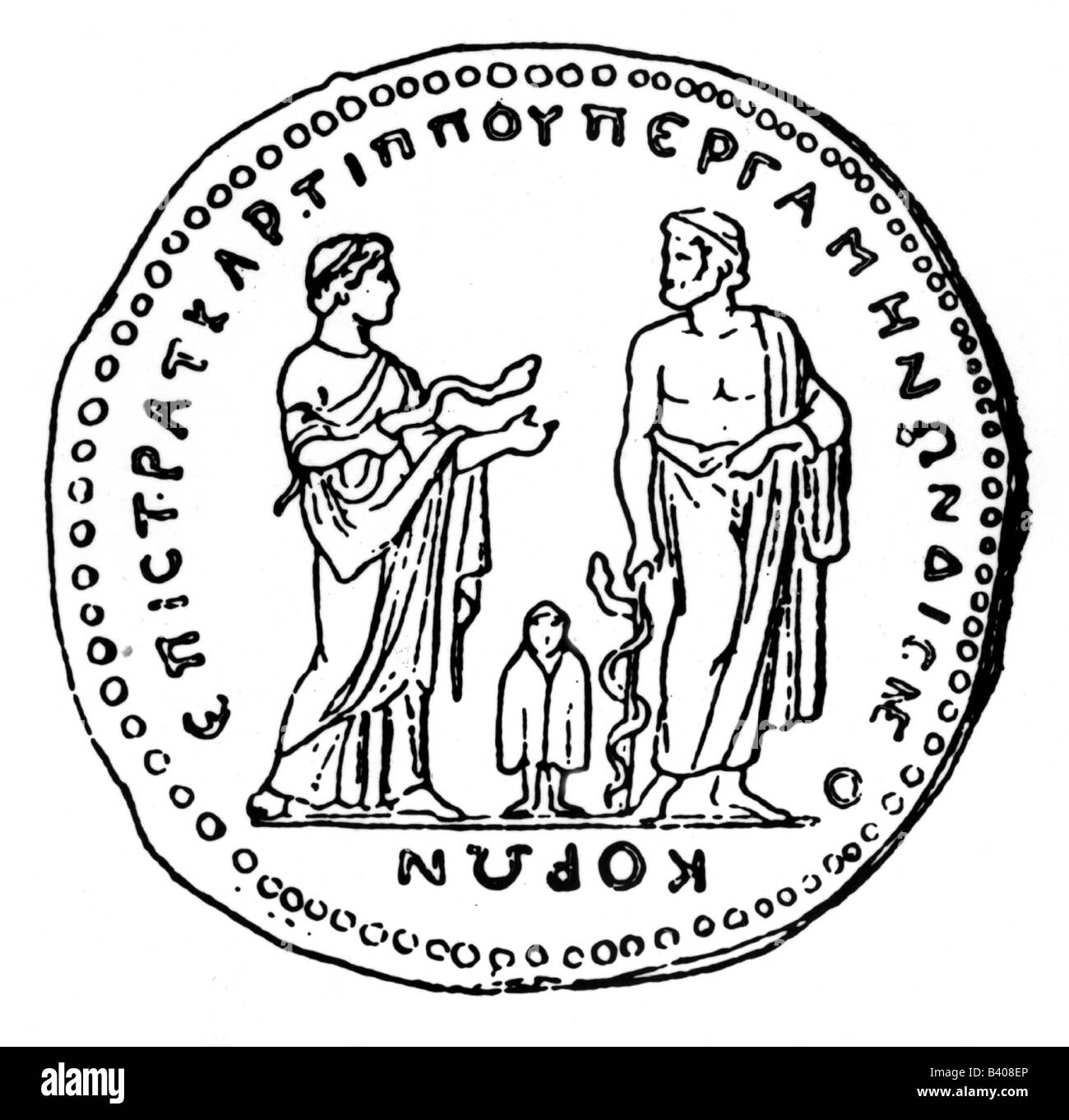 Asclepius, der griechische gott der Medizin, voller Länge, mit seiner Tochter Hygieia und Apameia, Münzbild, Stockfoto