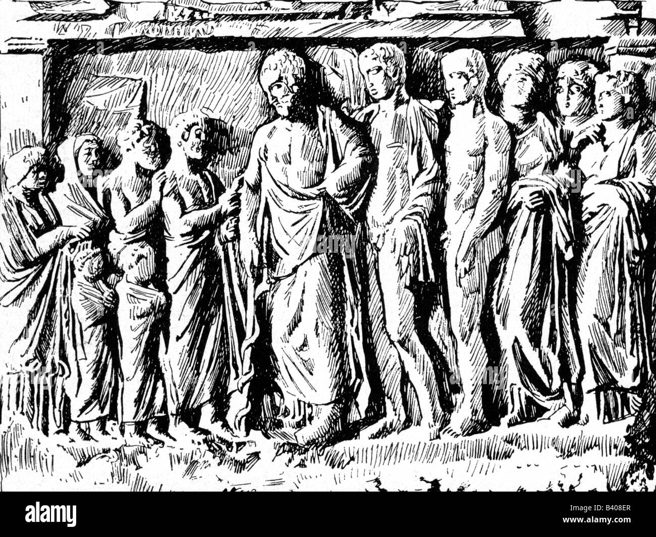 Asclepius, der griechische gott der Medizin, in voller Länge, mit seiner Tochter Hygieia, Machaon, Podaleirios, Akeso, Jaso, Panakeia, Stockfoto