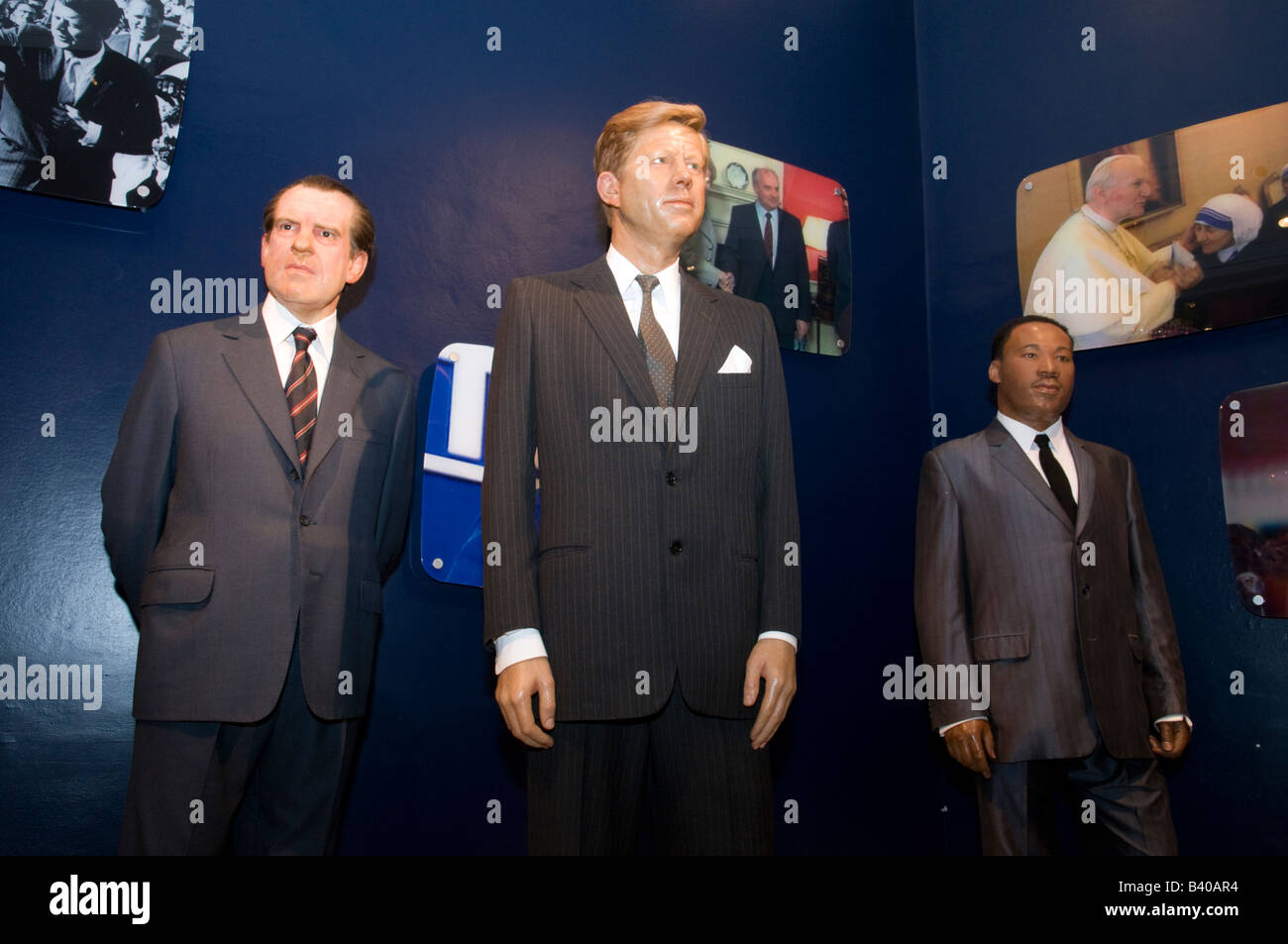 Waxwork Modelle von Richard Nixon John F Kennedy und Martin Luther King Jr bei Madame Tussauds, London, UK Stockfoto