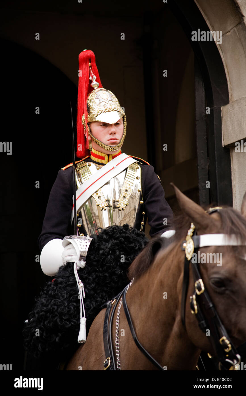 Ein königlicher Soldaten der Royal Horse Artillery im Wachdienst bei der Horse Guards Parade in Whitehall, London, England. Stockfoto