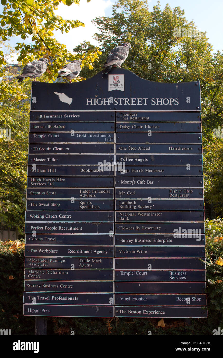 UK England Surrey Woking hohe Straße Geschäfte melden mit Tauben thront Stockfoto