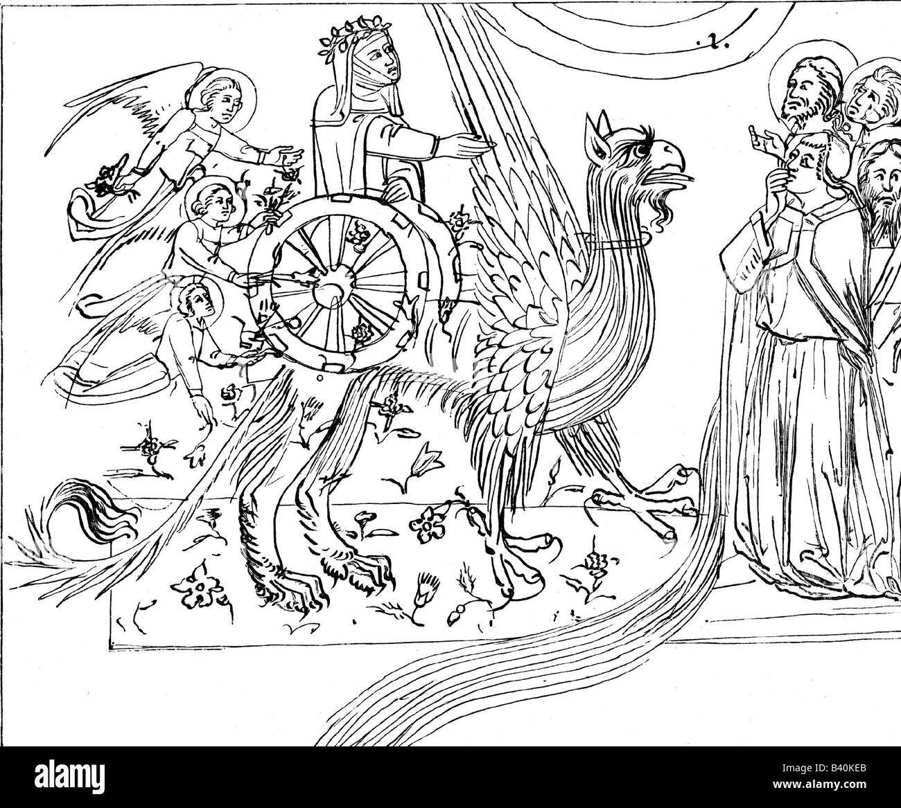 Dante, Alighieri, 1265 - 14.9.1321, italienischer Dichter, Werke, Illustration aus der "Göttlichen Komödie", Begegnung mit Beatrice, Zeichnung, 15. Jahrhundert, Stockfoto