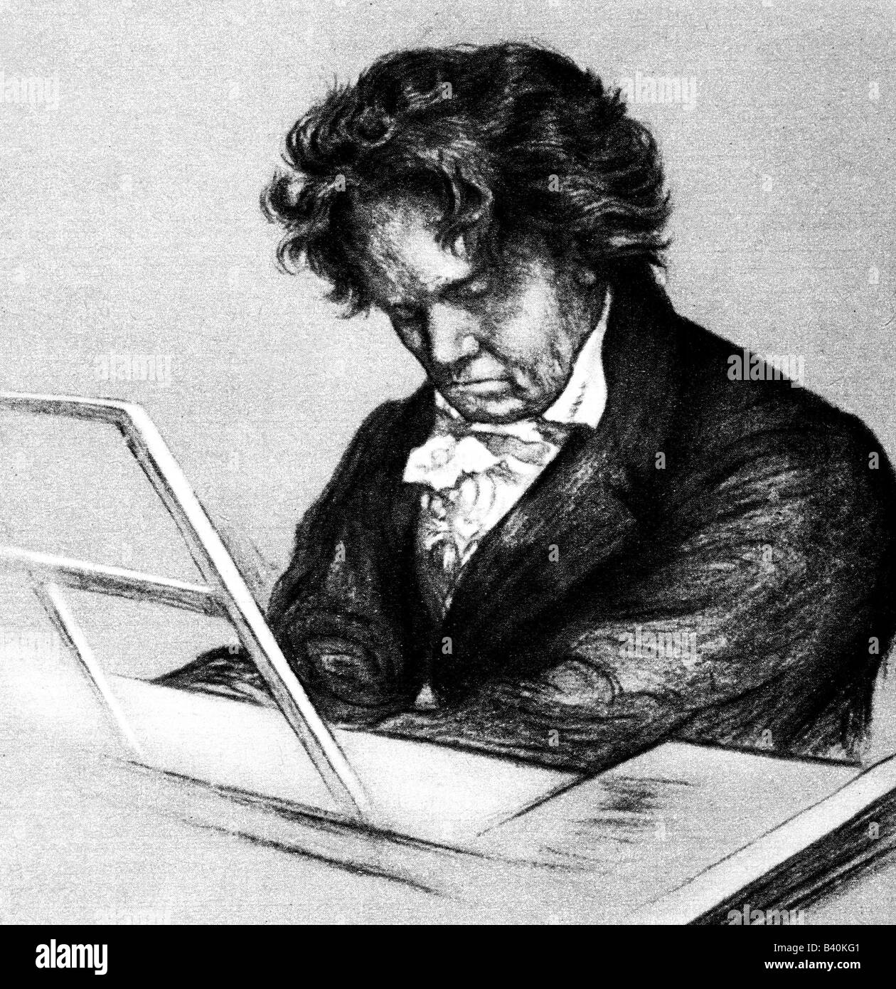 Beethoven, Ludwig van 17.12.1770 - 26.3. 16820, deutscher Komponist, halbe Länge, Zeichnung, Klavierspiel, Stockfoto