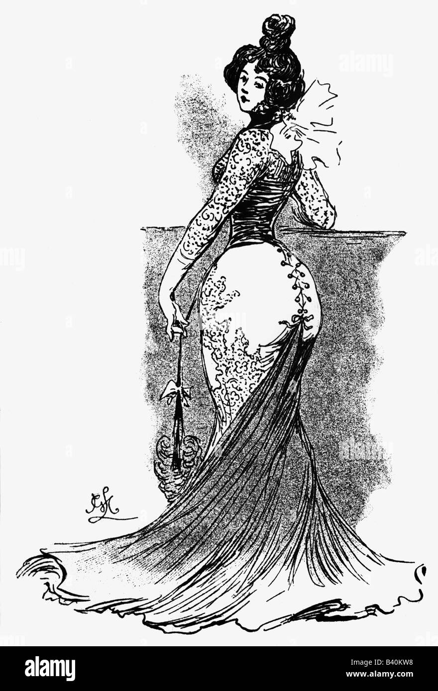Mode, 19. Jahrhundert, Damenmode, Kleid, das die Rückseite verbessert, Zeichnung von G. lami, 1894, Stockfoto
