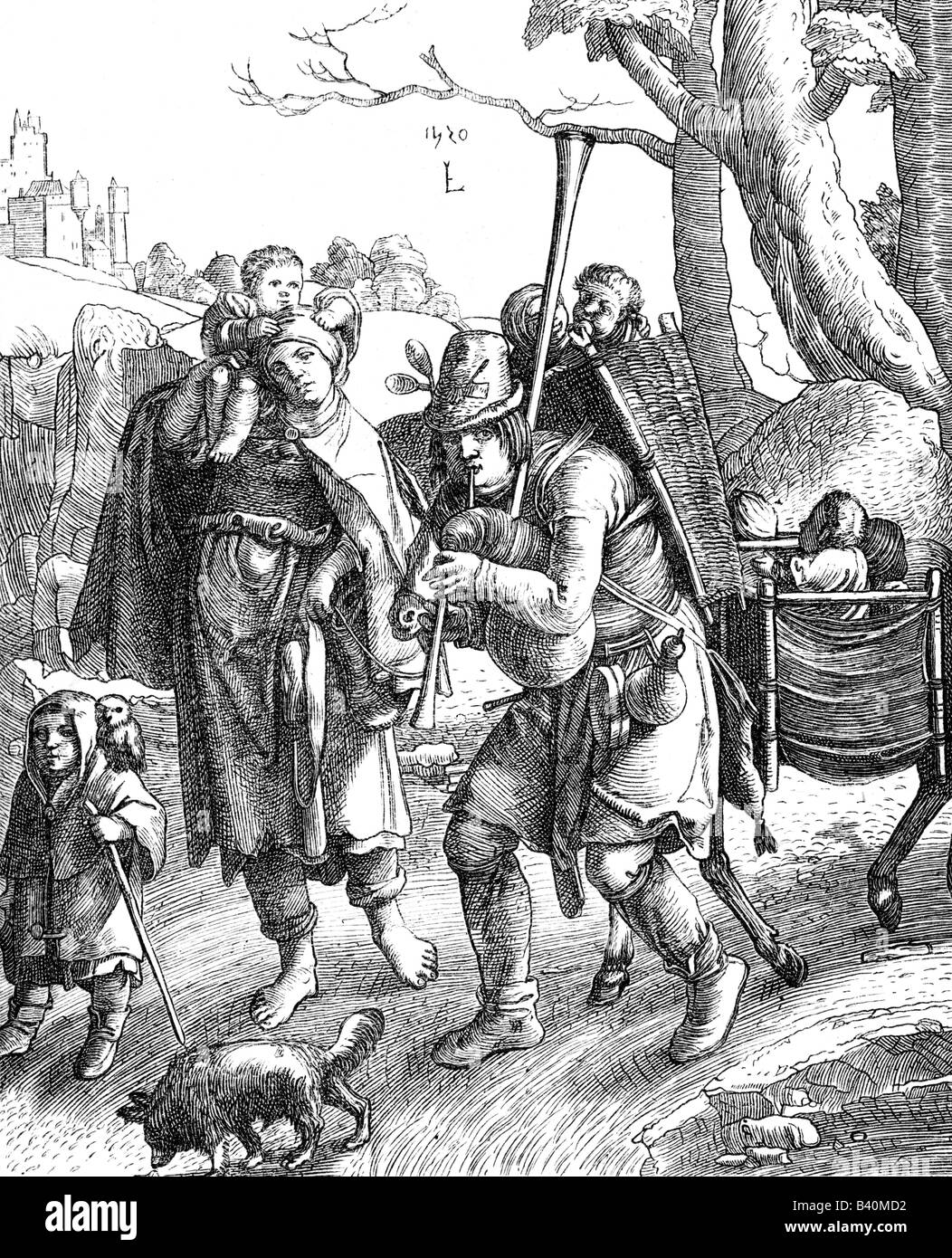 Eulenspiegel, Till (1300-1350), deutscher Joker, mit Familie auf einer Reise, Kupferstich, von Lucas van Leyden (1494 - 1533), Holland, 1520, Artist's Urheberrecht nicht geklärt zu werden. Stockfoto