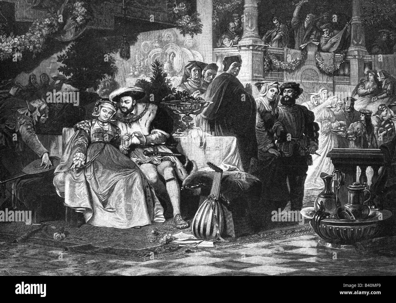 Heinrich VIII., 28.6.1491 - 28.1.1547, König von England seit 1509, mit Anne Boleyn, Holzstich, 19. Jahrhundert, nach dem Gemälde von Carl von Piloty, historische Gemälde des Künstlers Copyright wurde nicht gelöscht Stockfoto