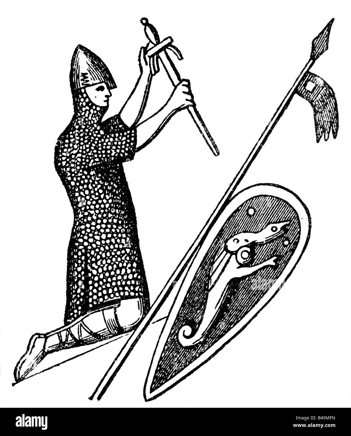 William I. 'der Anbeter', ca. 1027 - 9.9.1087, König von England 1066 - 1087, Herzog der Normandie 1035-1087, halbe Länge, in Rüstung, Zeichnung, 19. Jahrhundert, nach Siegel, Stockfoto