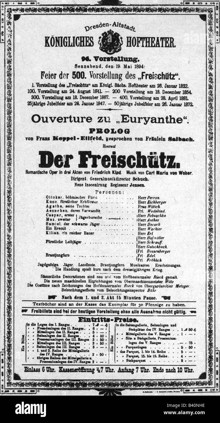 Weber, Carl Maria, 18.11.815 - 5.6.1826, deutscher Komponist, Oper 'Der Freischuetz', 1981, Theater-/Theatervermerk, Jubiläum 500. Aufführung, 19.5.1894, Stockfoto