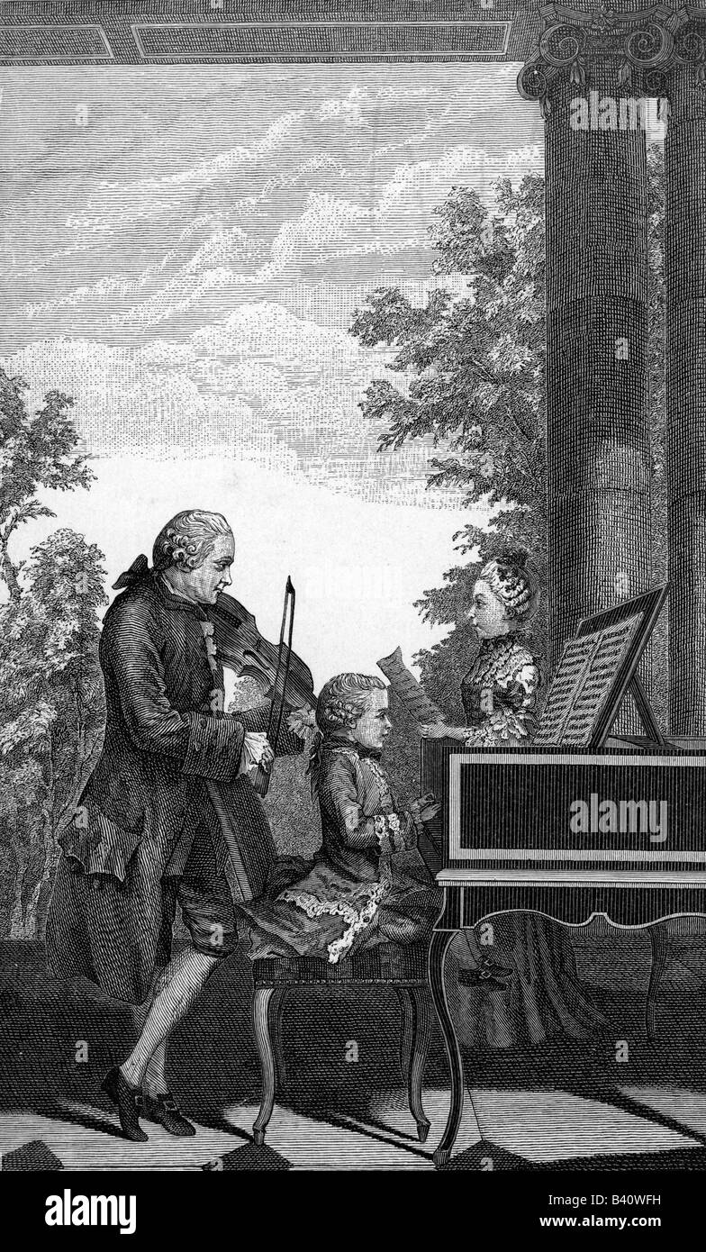 Mozart, Wolfgang Amadeus, 27.1.176 - 5.12.1701, österreichischer Musiker, Komponist, mit Vater Leopolds und Schwester Maria Anna, nach Zeichnung von De Cartelle, Gravur von Delafosse, 1764, Stockfoto