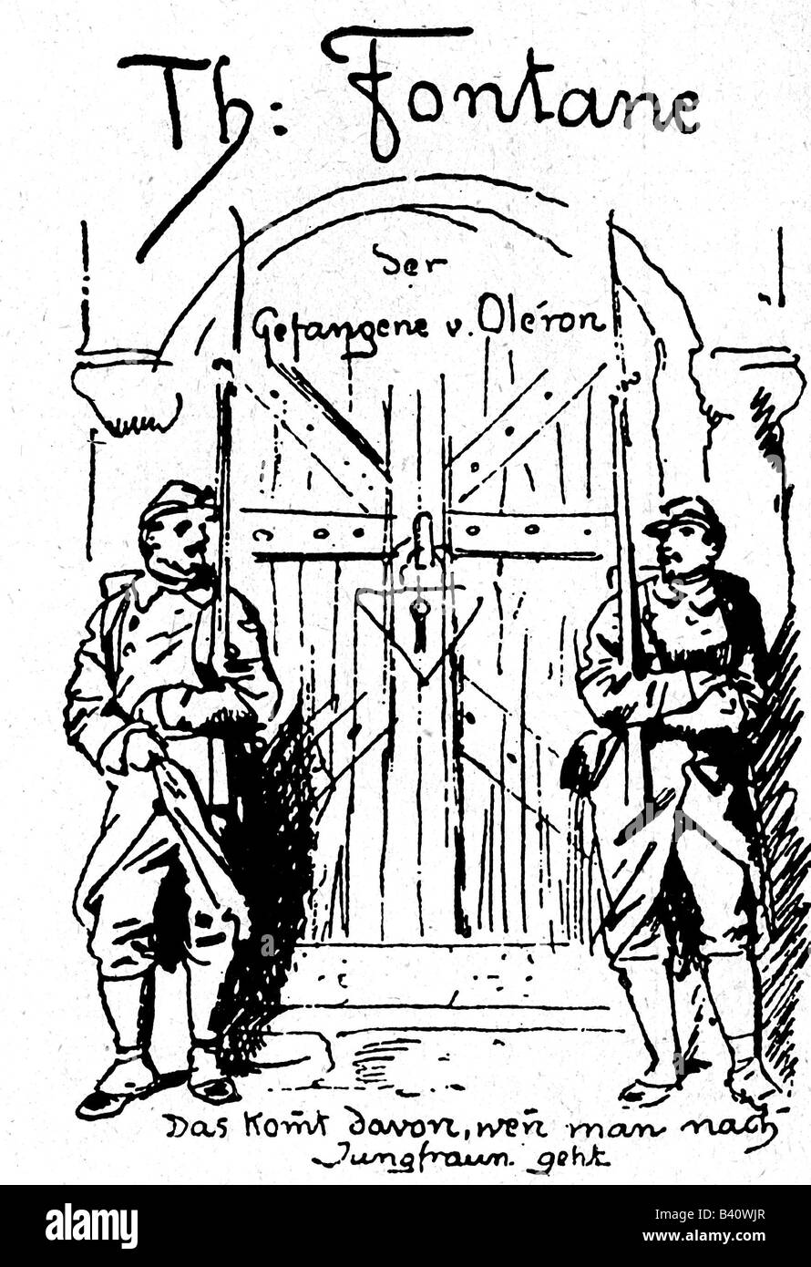 Fontane, Theodor, 30.12.1819 - 20.9.1898, deutscher Autor/Schriftsteller, Dichter, Karikatur: 'Der Gefangene von Oleron', Zeichnung von August von Heyden, 19. Jahrhundert, Stockfoto