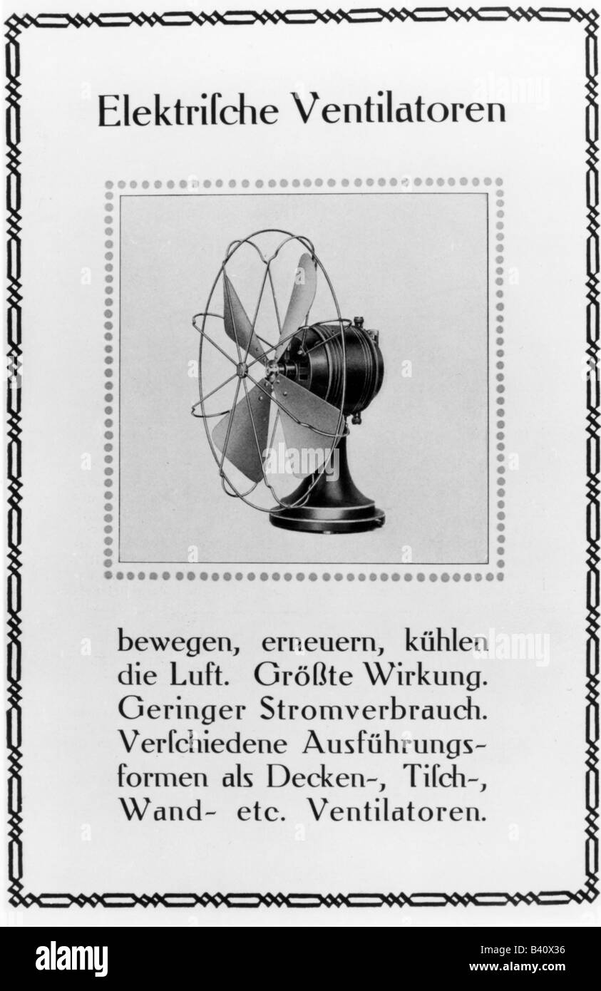 Haushaltsgeräte, AEG-Ventilator, entworfen von Peter Behrens, Werbeplakat, ca. 1910, Stockfoto