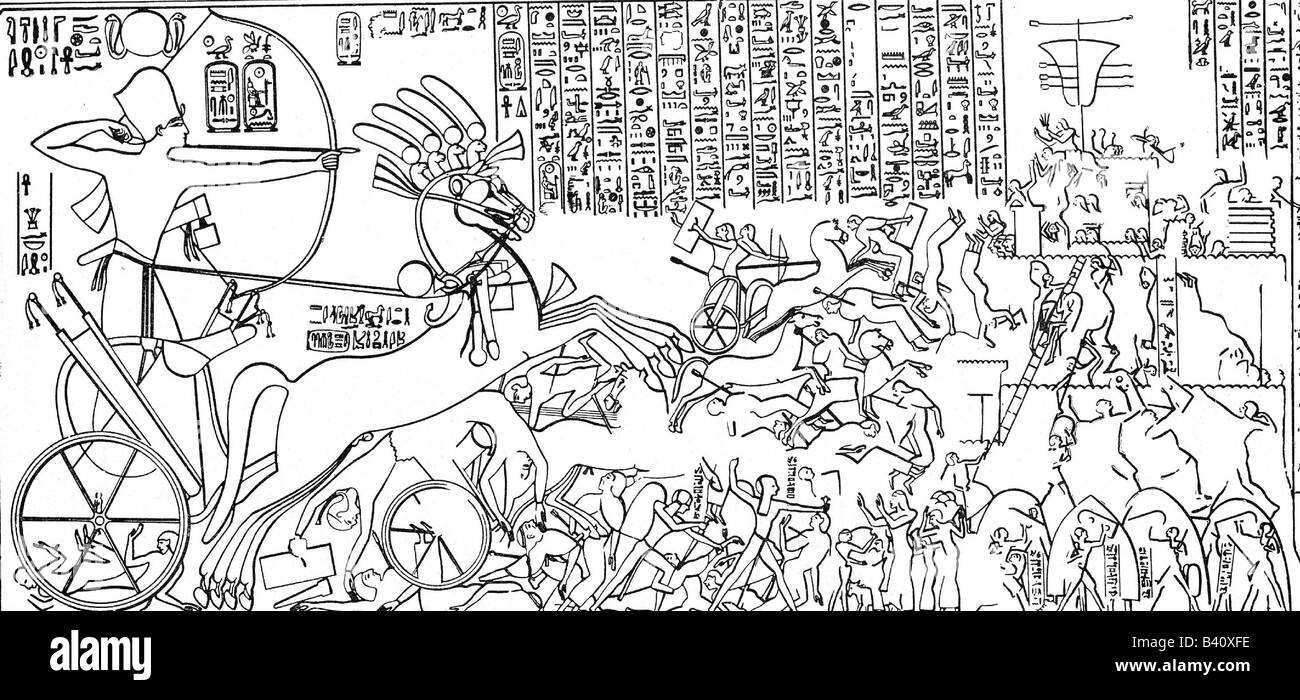Ramesses II., König von Ägypten, 1290 - 1224 v. Chr., 19. Dynastie, Schlacht von Kadesch, Ägypten, die gegen Hethiter kämpfte, nach Erleichterung ziehen, Karnak-Tempel, Kampf, Schlacht, Kampf, Kampf, Kampf, Stockfoto