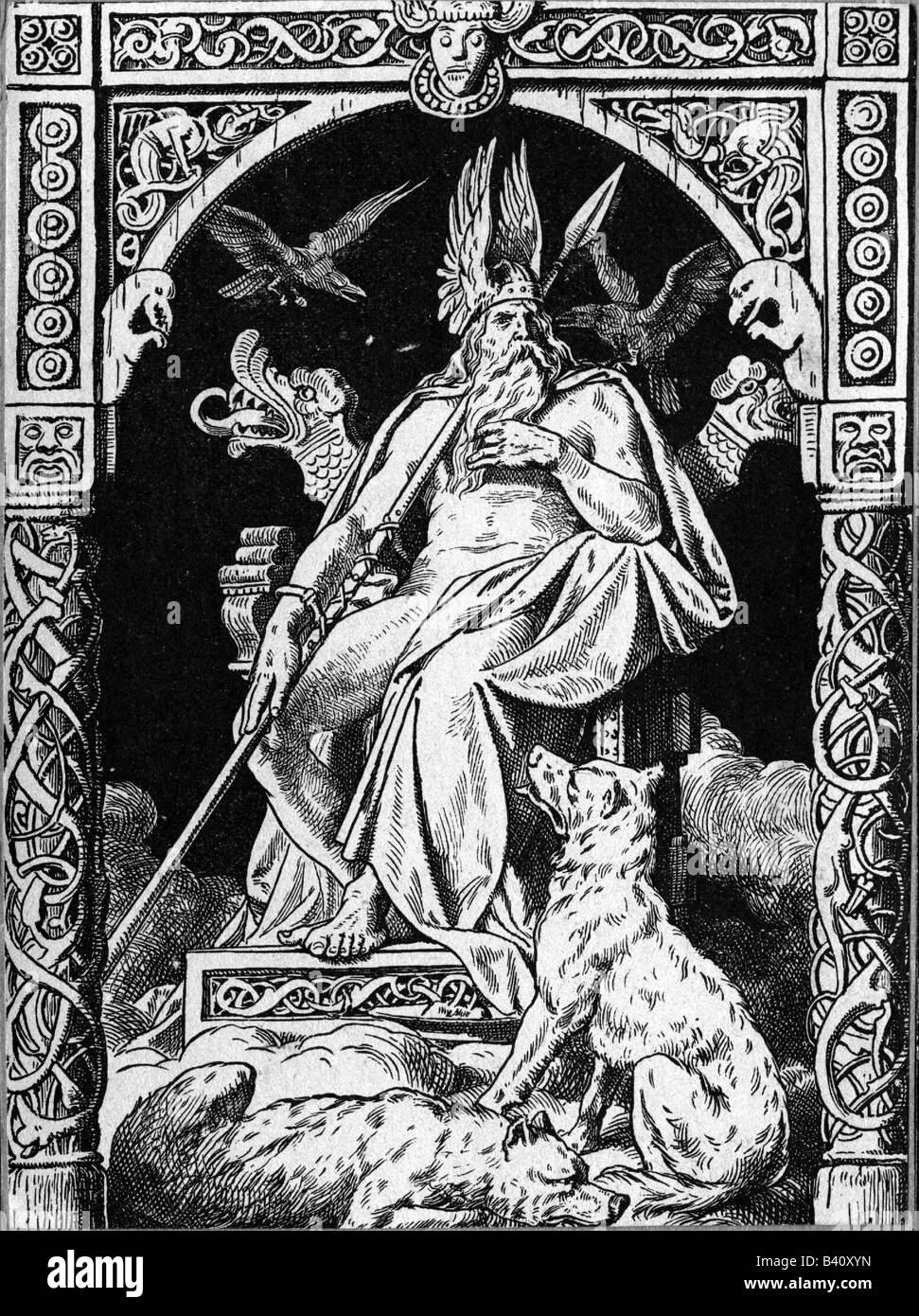 Odin (Wotan), höchster gott in der nordischen Mythologie, gott der Weisheit und des Krieges, auf dem Thron sitzend, Gravur, 1883, Stockfoto