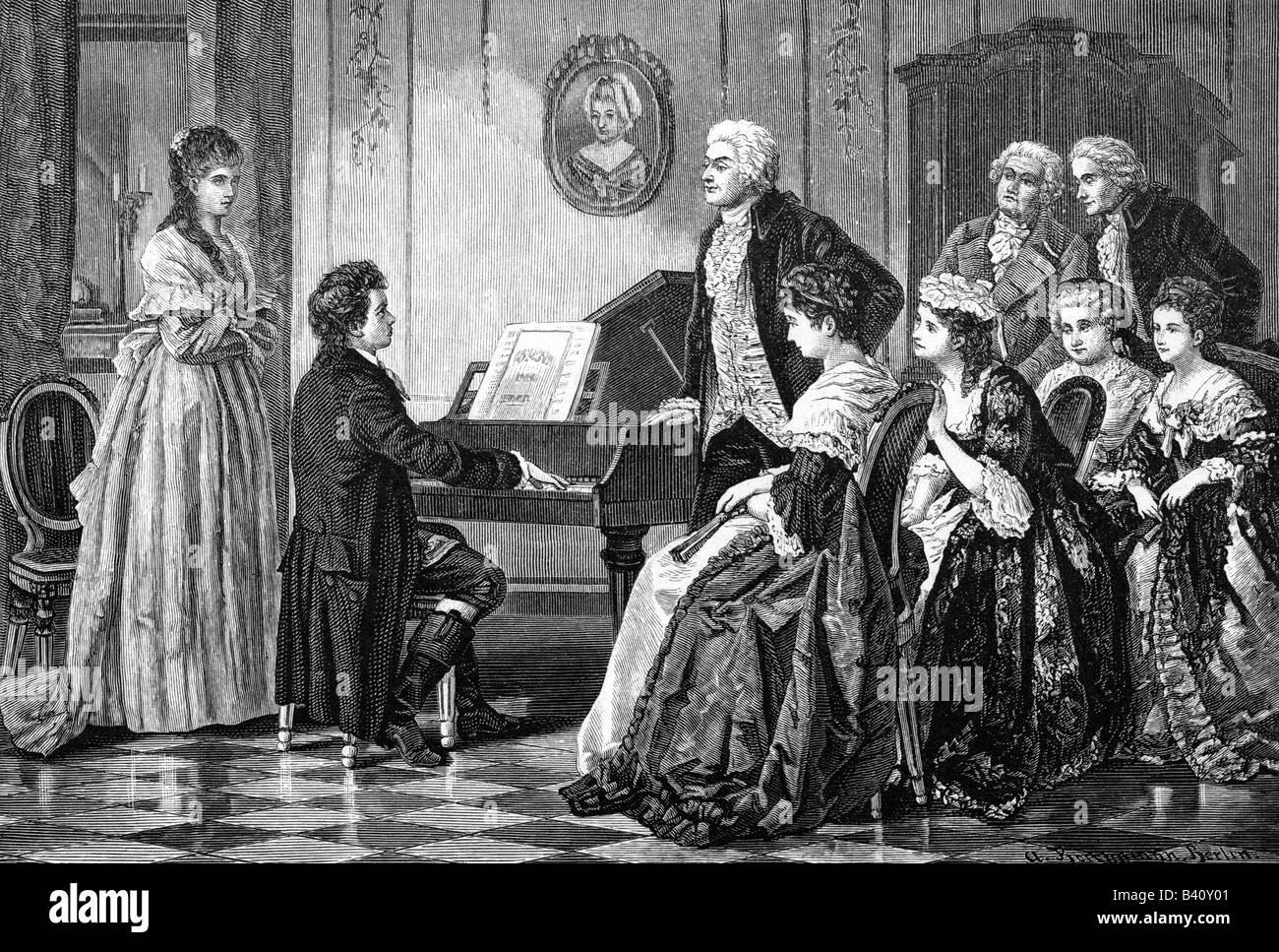 Mozart, Wolfgang Amadeus, 27.1.176 - 5.12.1701, österreichischer Musiker, Komponist, mit Ludwig van Beethoven, Gravur von A.Borckmann, 19. Jahrhundert, Stockfoto